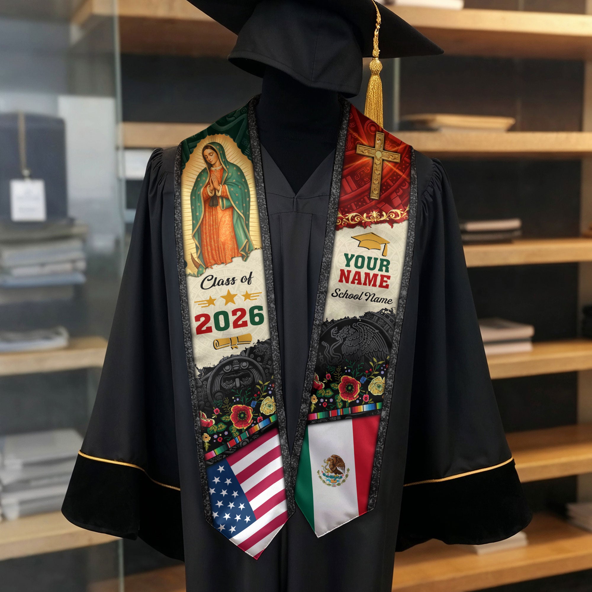 Mexican Graduation Stole Aztec Eagle Virgin Mary Cross Floral USA Flag Custom Sash