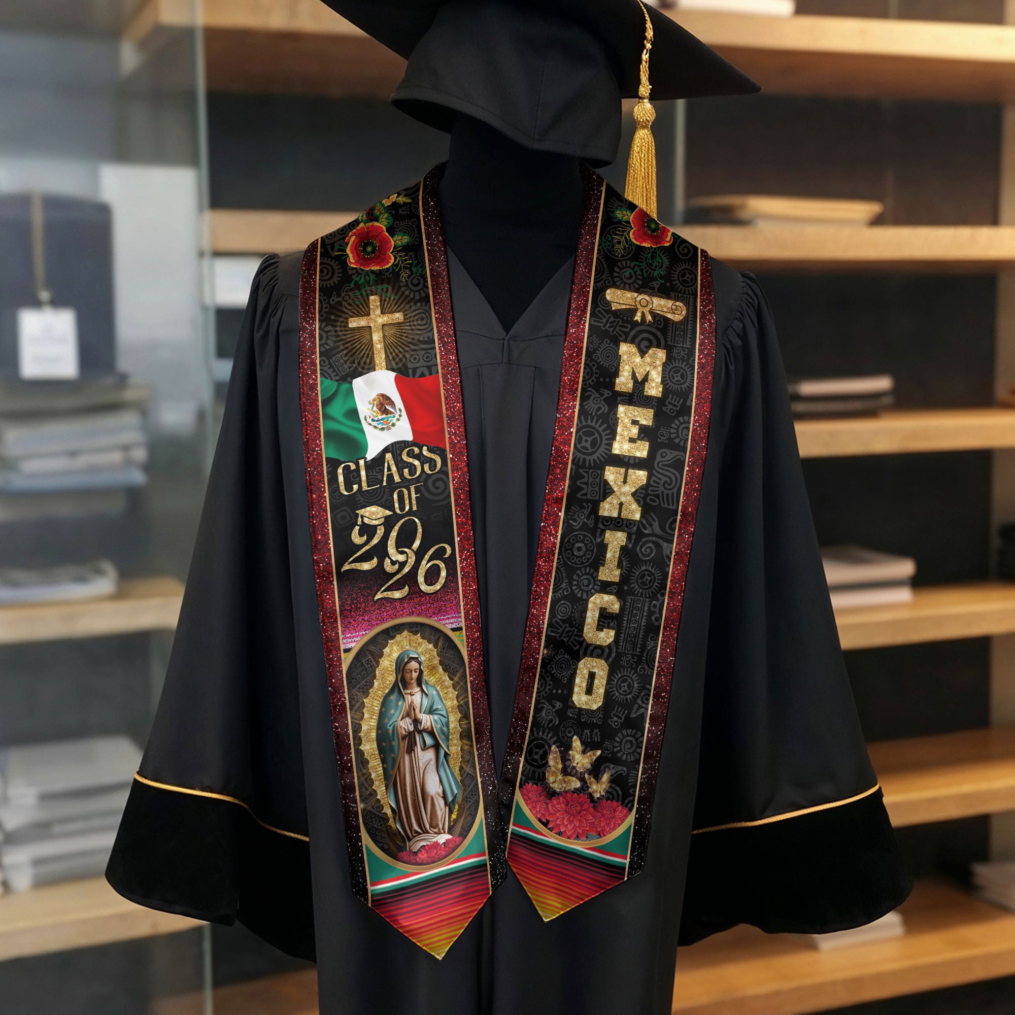 Mexican Graduation Stole Mexico Sash Aztec Virgin Mary Cross Flag Flowers 2026