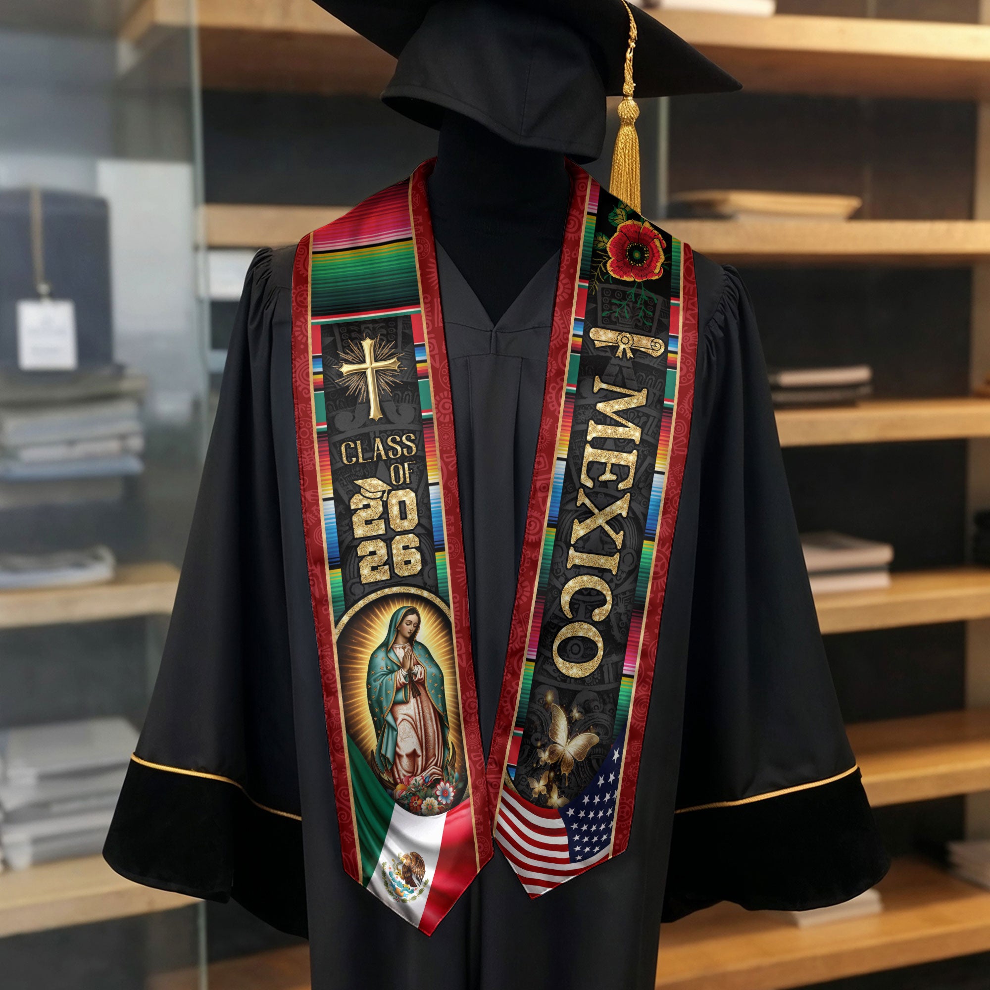 Mexican Graduation Stole Mexico USA Flag Aztec Virgin Mary Cross Serape 2026