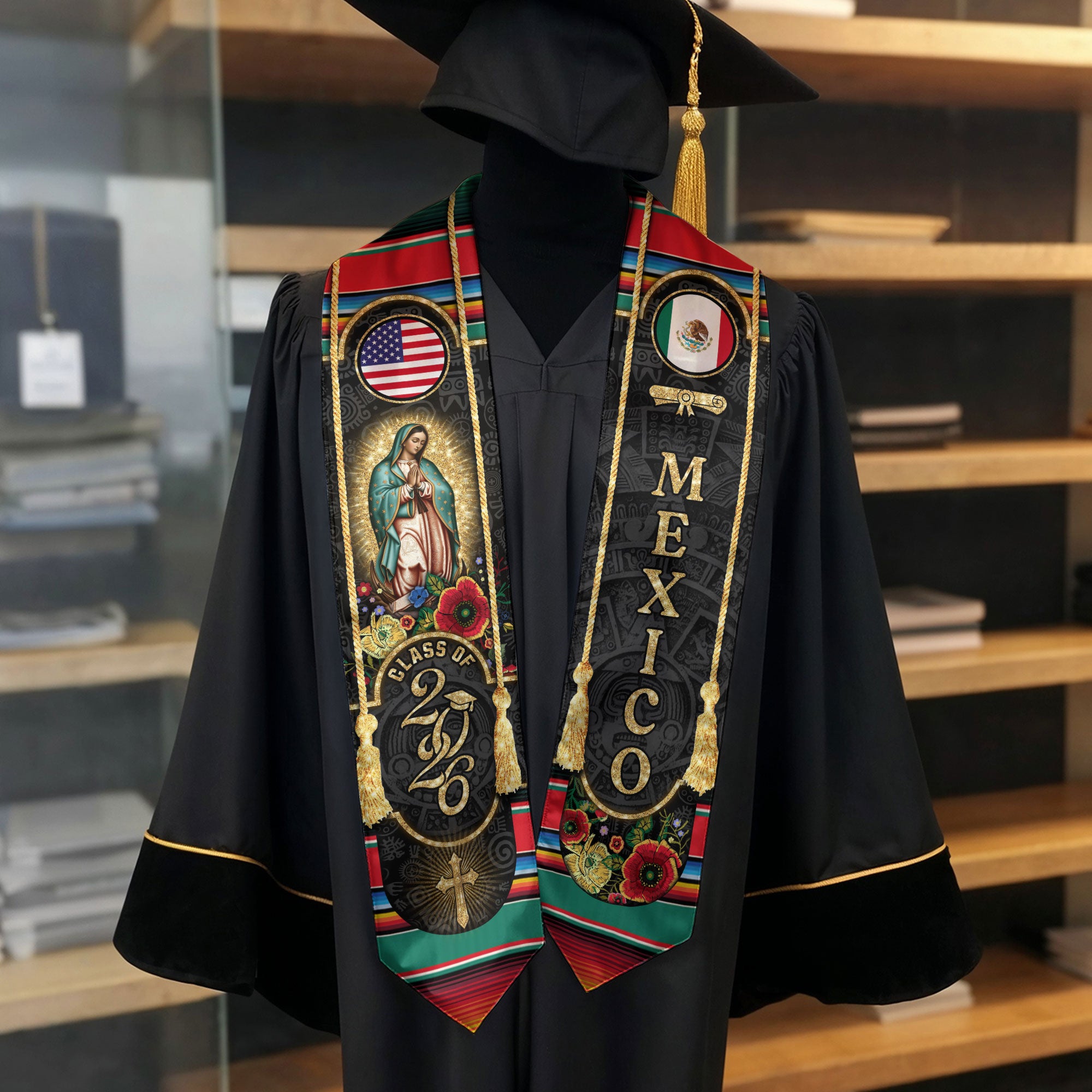 Mexican Graduation Stole Mexico USA Flag Aztec Virgin Mary Cross Flowers 2026