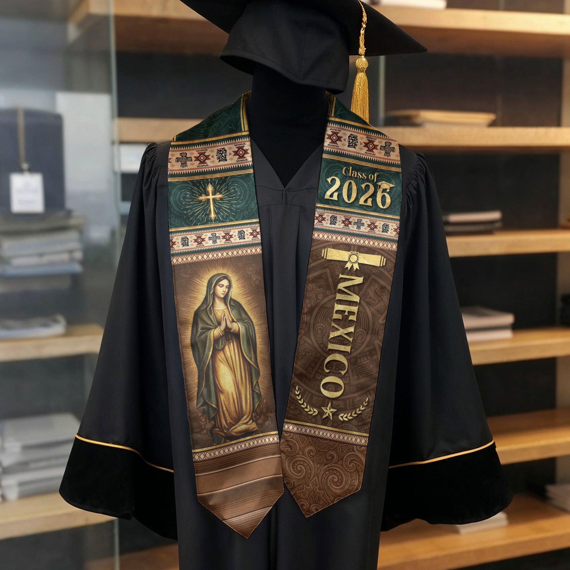 Mexican Graduation Stole Mexico Sash Aztec Pattern Virgin Mary Cross Class 2026