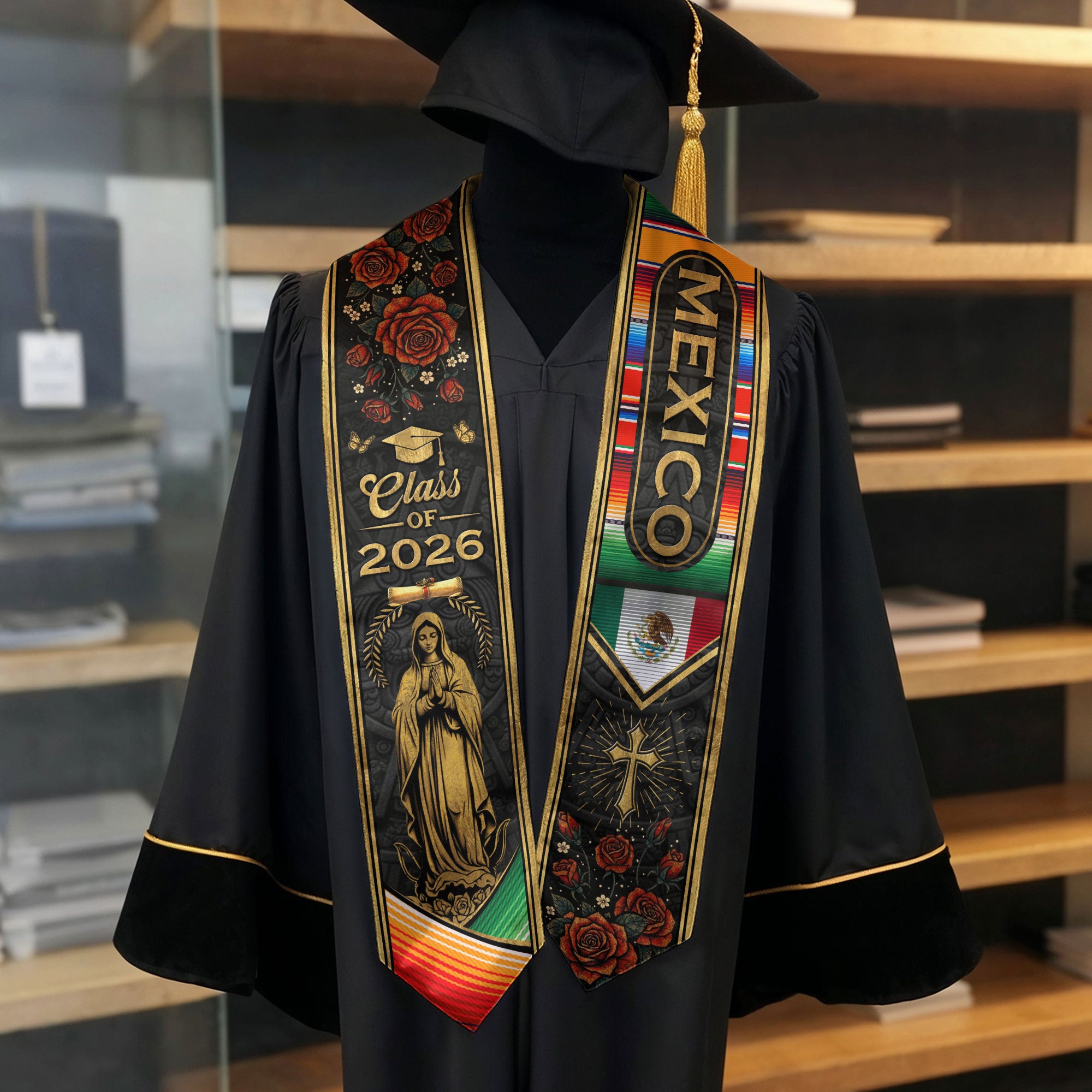 Mexican Graduation Stole Mexico Sash Aztec Roses Virgin Mary Cross Class 2026
