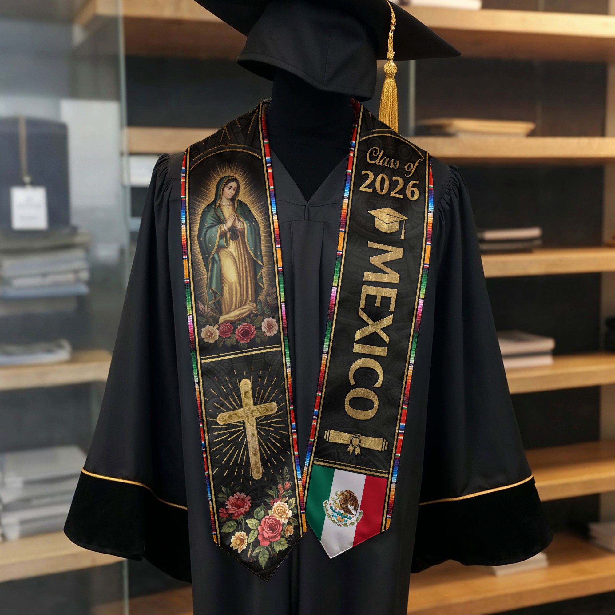 Mexican Graduation Stole Mexico Sash Aztec Virgin Mary Cross Roses Class 2026