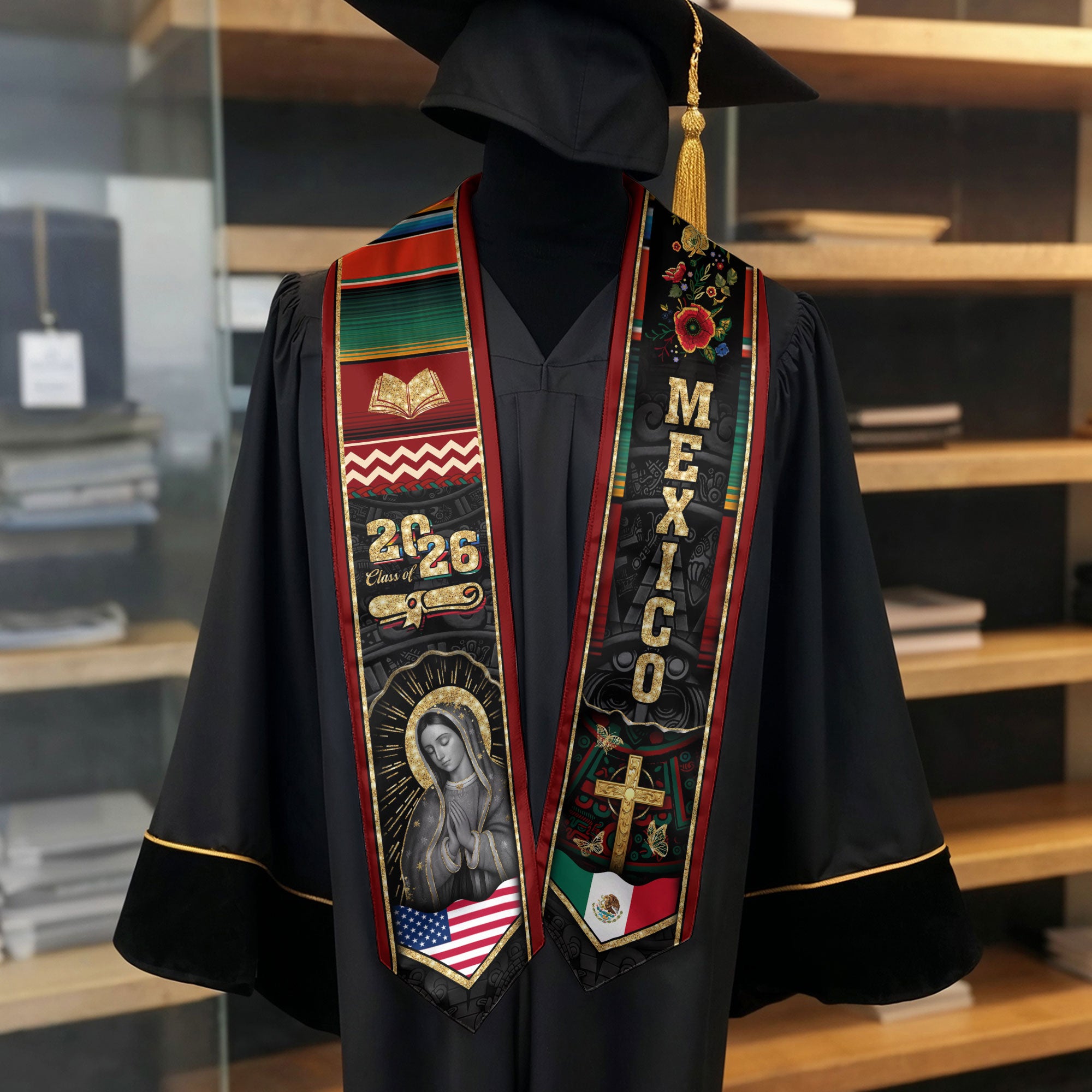Mexican Graduation Stole Mexico Sash Aztec Virgin Mary Bible Cross 2026
