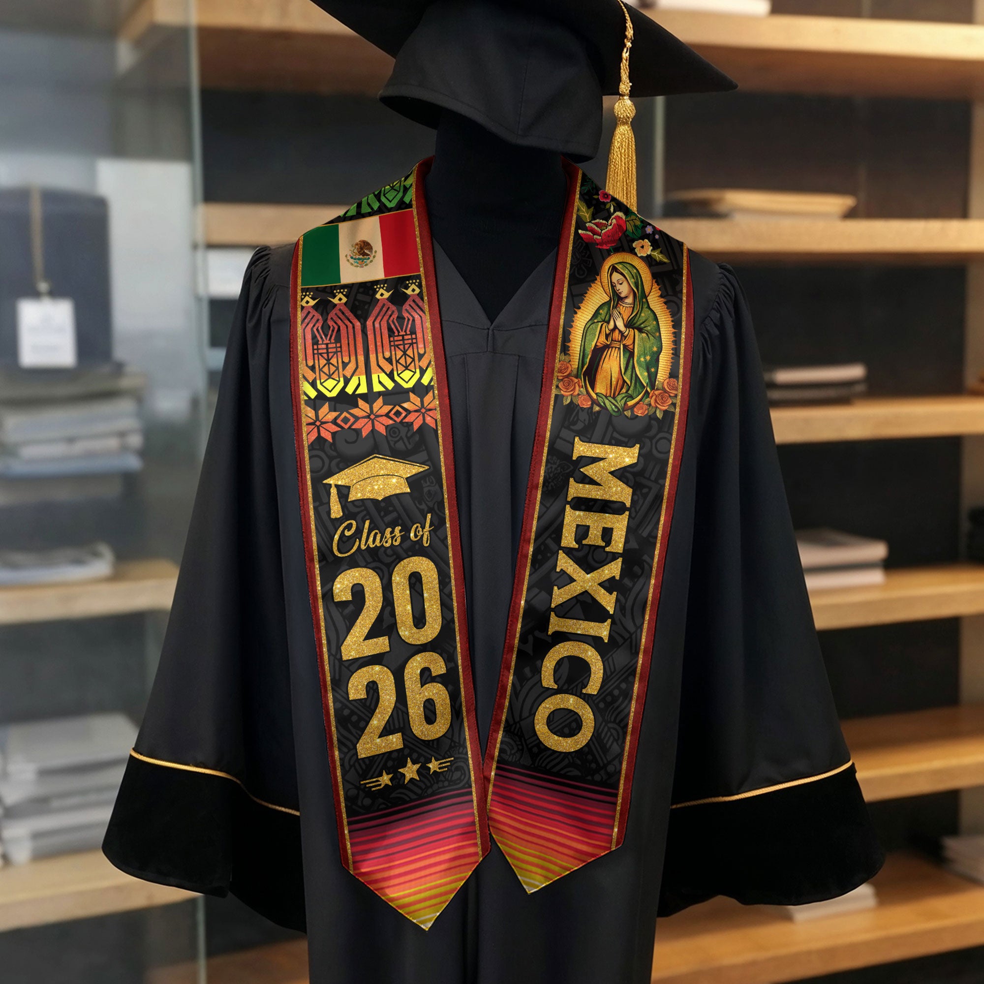 Mexican Graduation Stole Mexico Sash Aztec Virgin Mary Flowers Class 2026