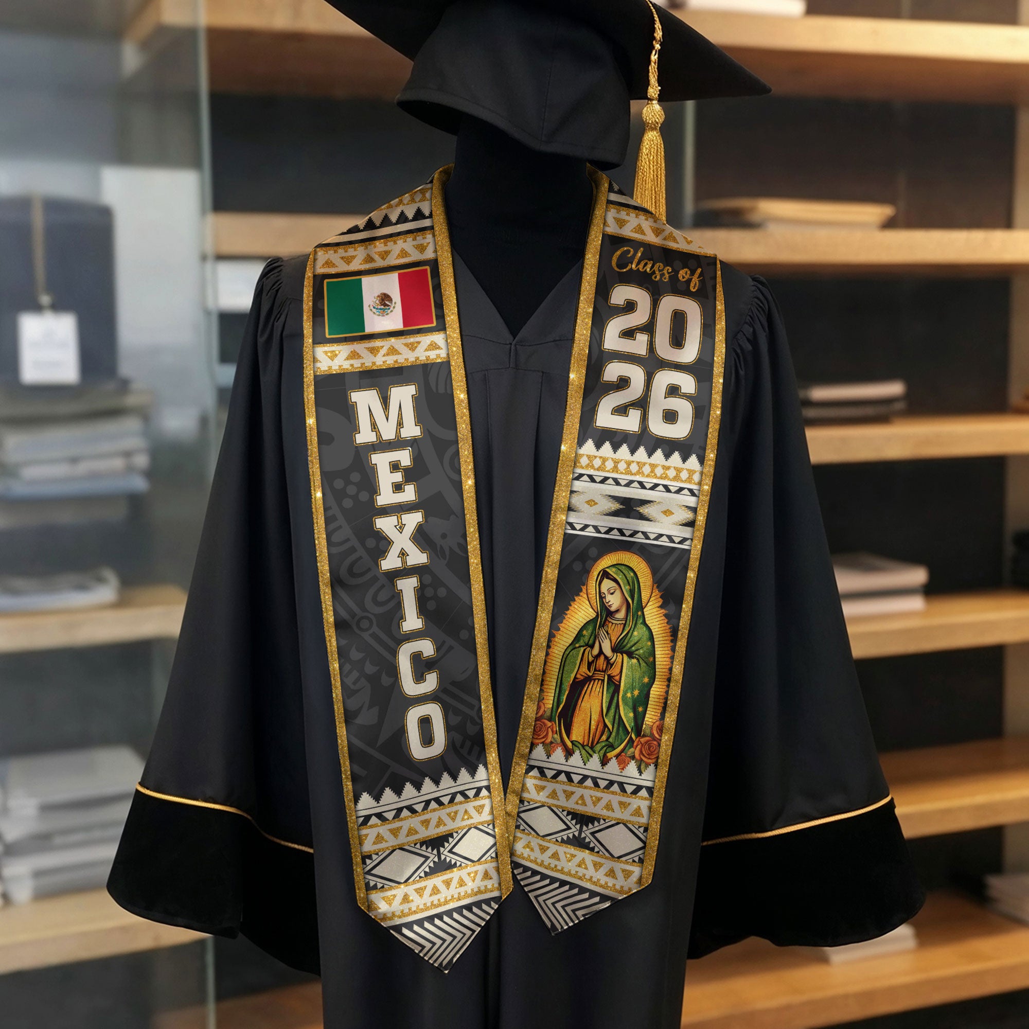 Mexican Graduation Stole Mexico Sash Aztec Virgin Mary Gold Pattern 2026