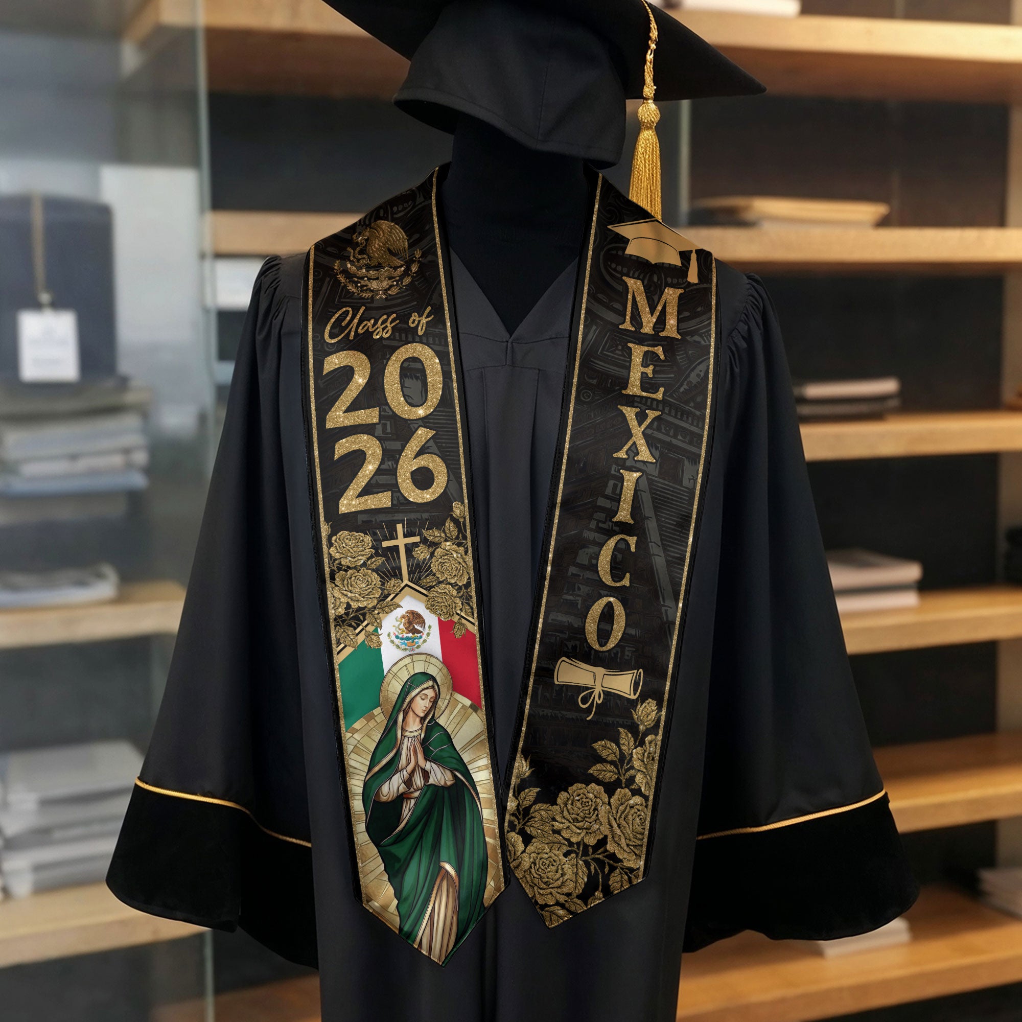 Mexican Graduation Stole Mexico Sash Virgin Mary Cross Roses Gold 2026