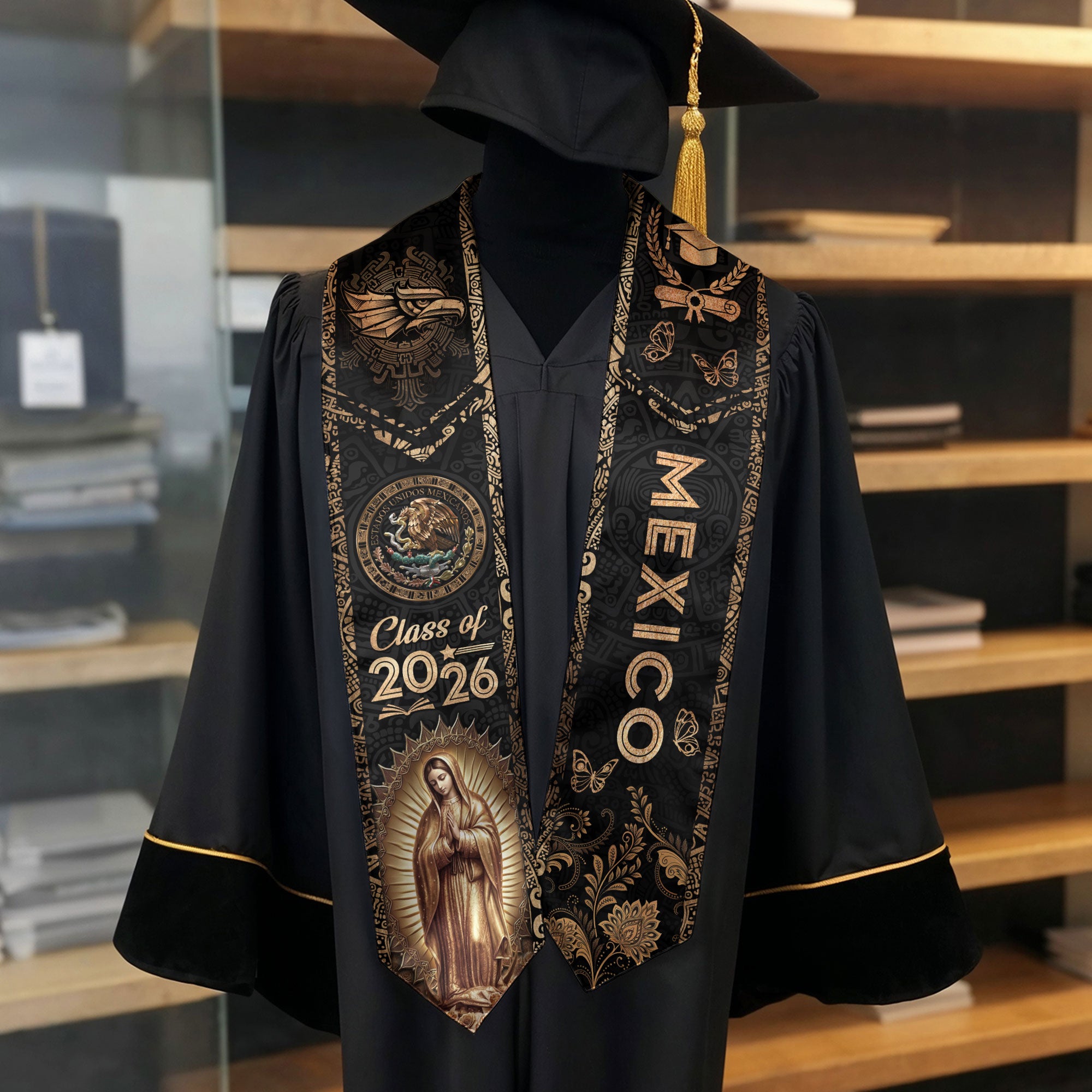 Mexican Graduation Stole Mexico Sash Aztec Eagle Virgin Mary Gold 2026