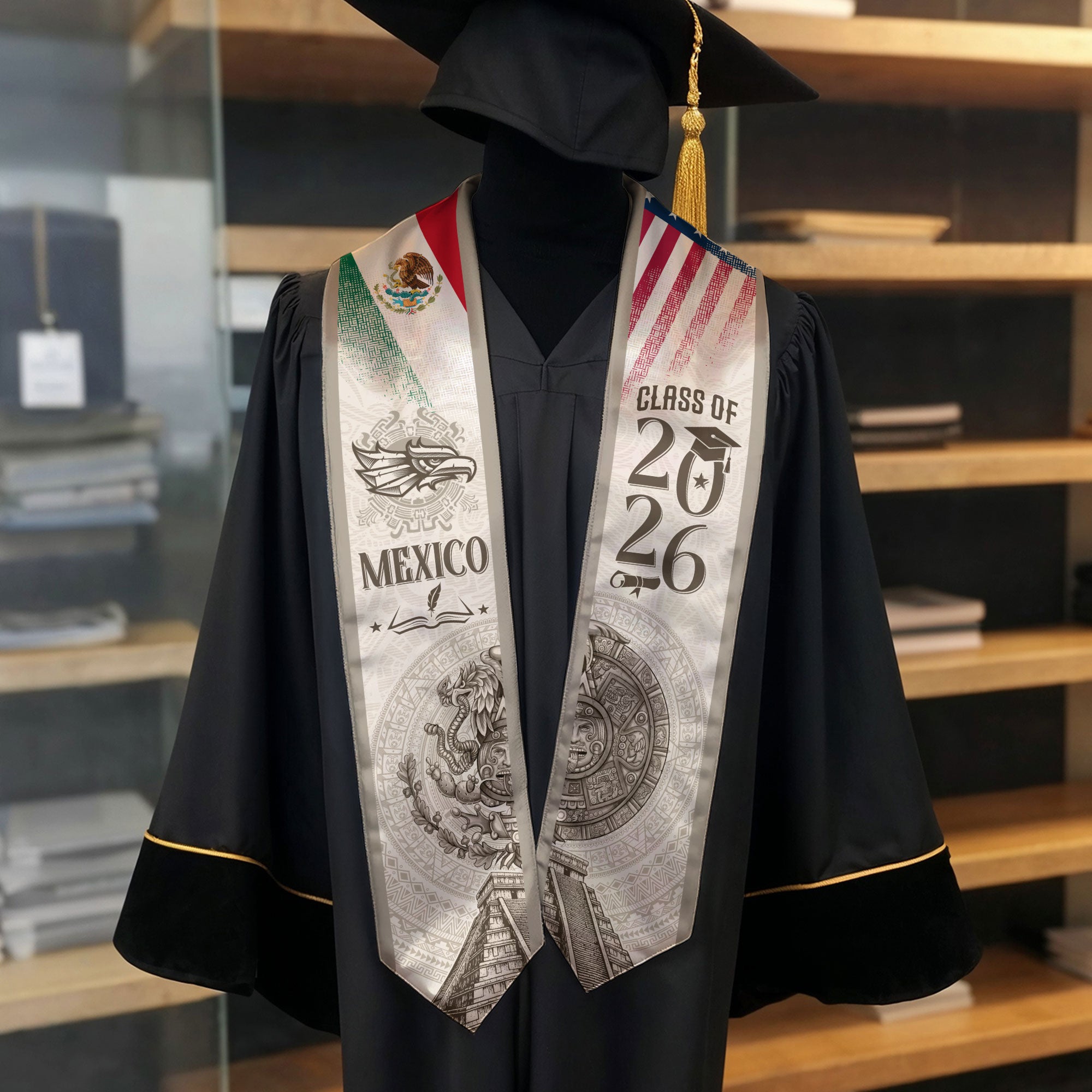 Mexican Graduation Stole Mexico USA Flag Aztec Calendar Eagle Pyramid 2026