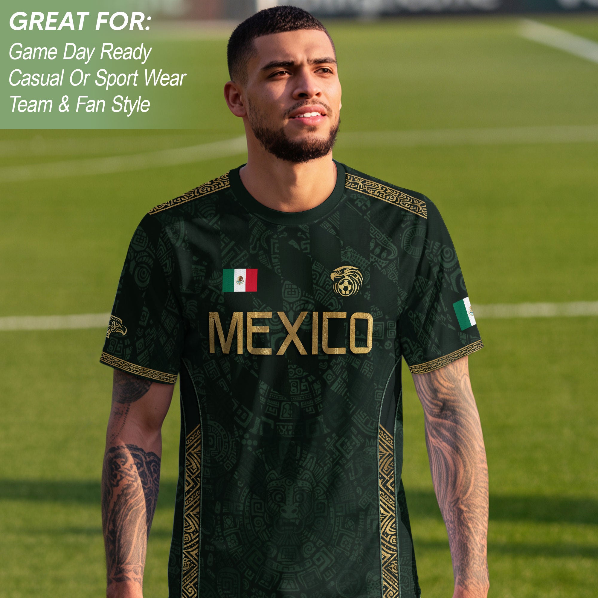 Camiseta de fútbol premium con emblema de águila azteca verde y dorado de México