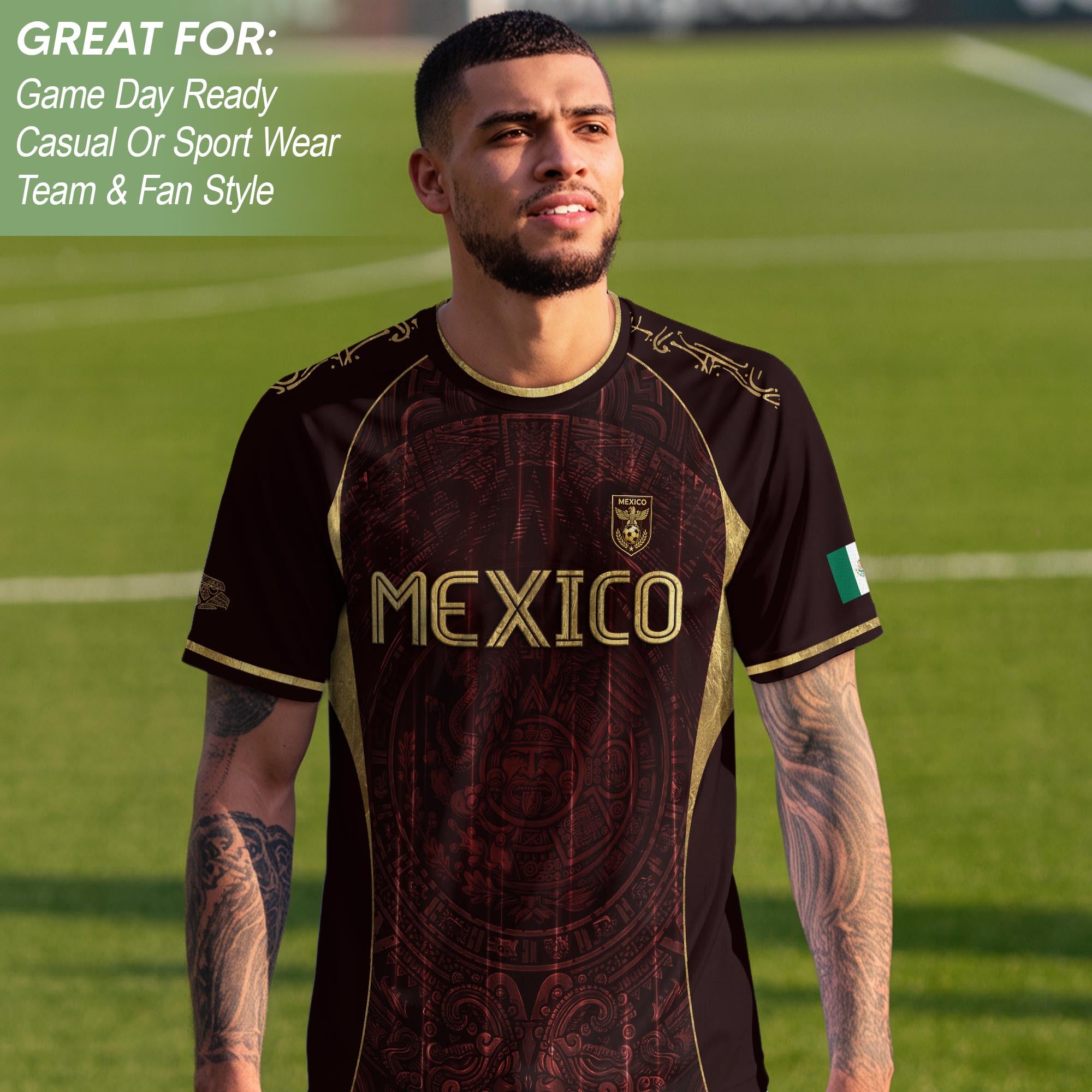 Camiseta de fútbol premium con emblema de águila azteca verde y dorado de México
