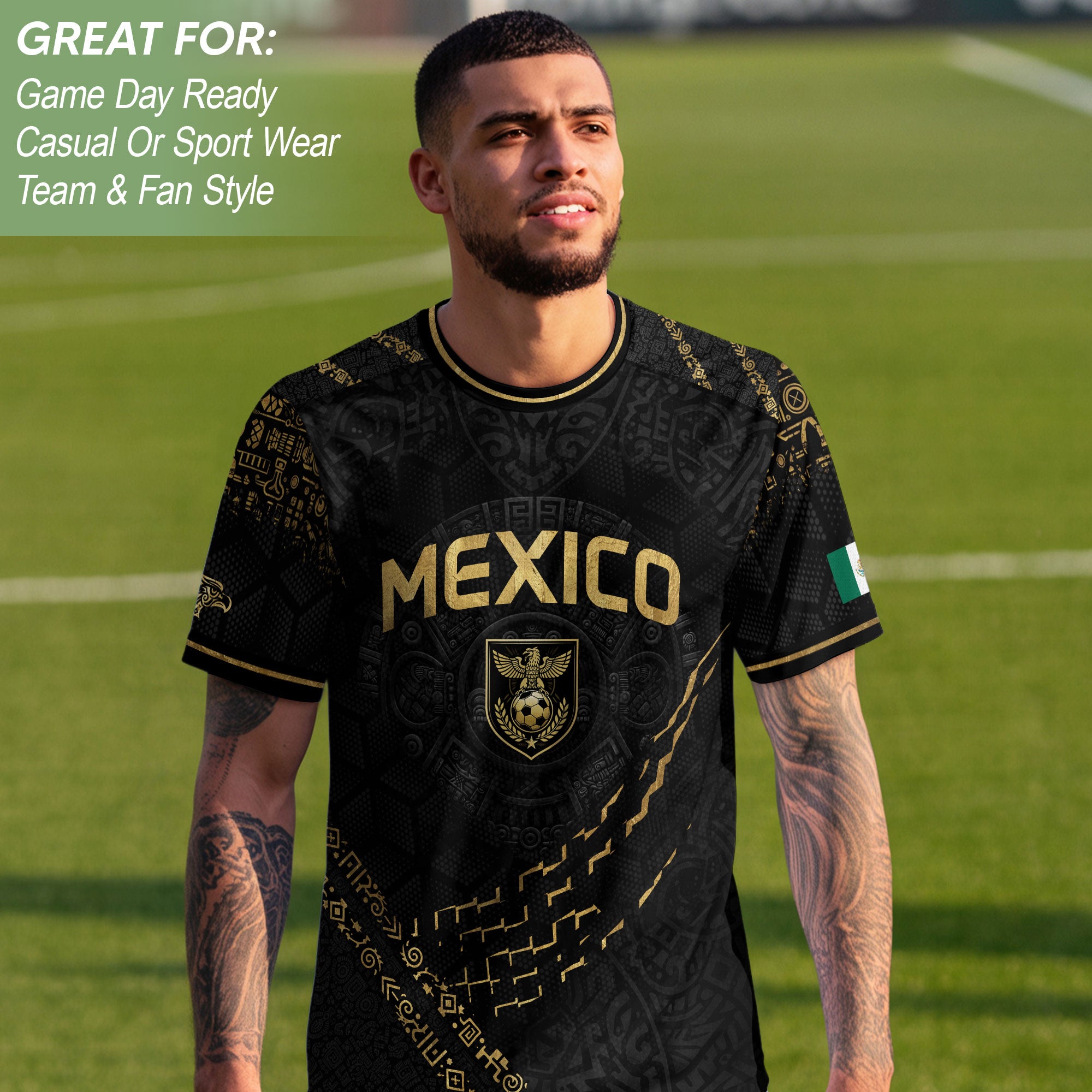 Camiseta de fútbol premium con emblema de águila azteca verde y dorado de México
