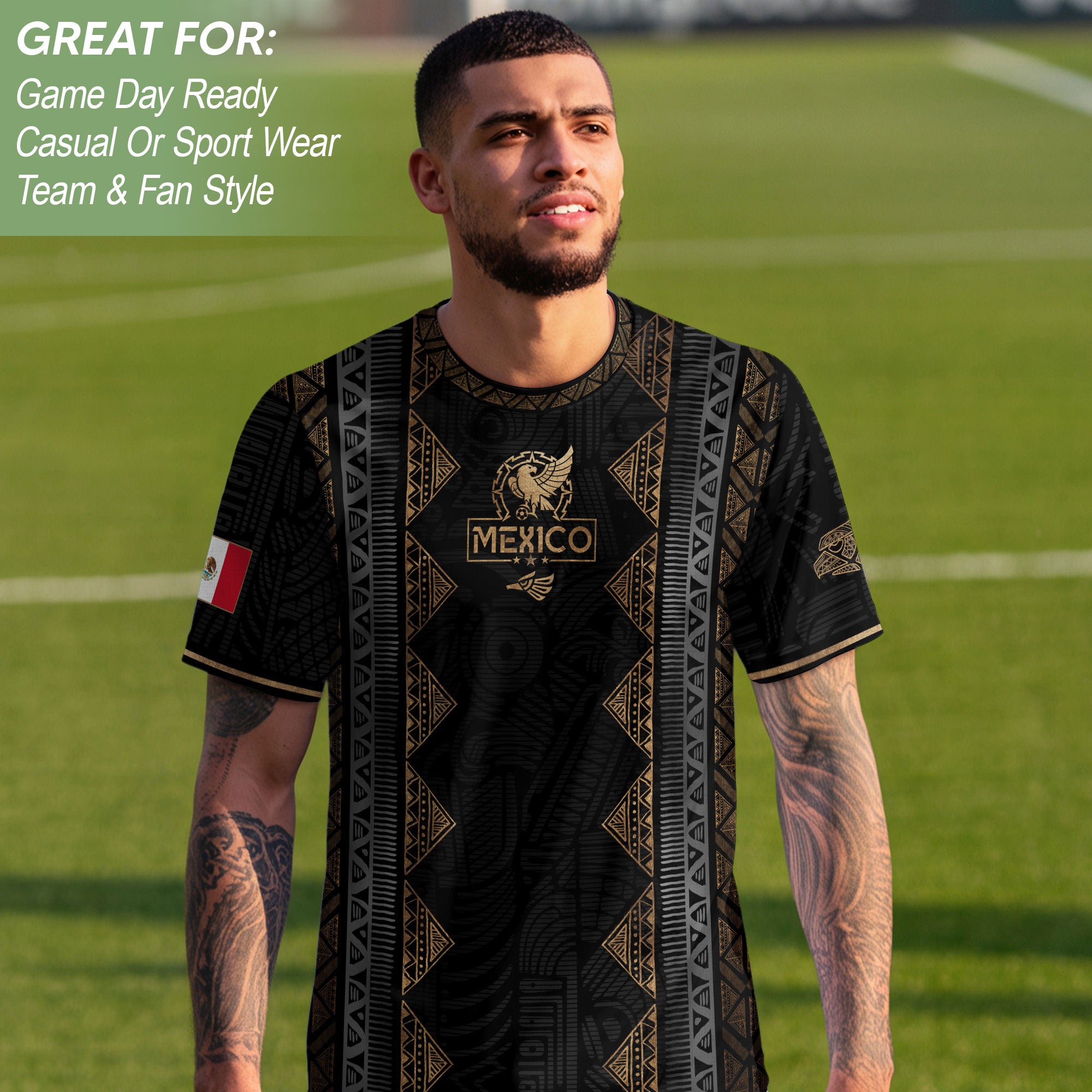 Camiseta de fútbol premium con emblema de águila azteca verde y dorado de México