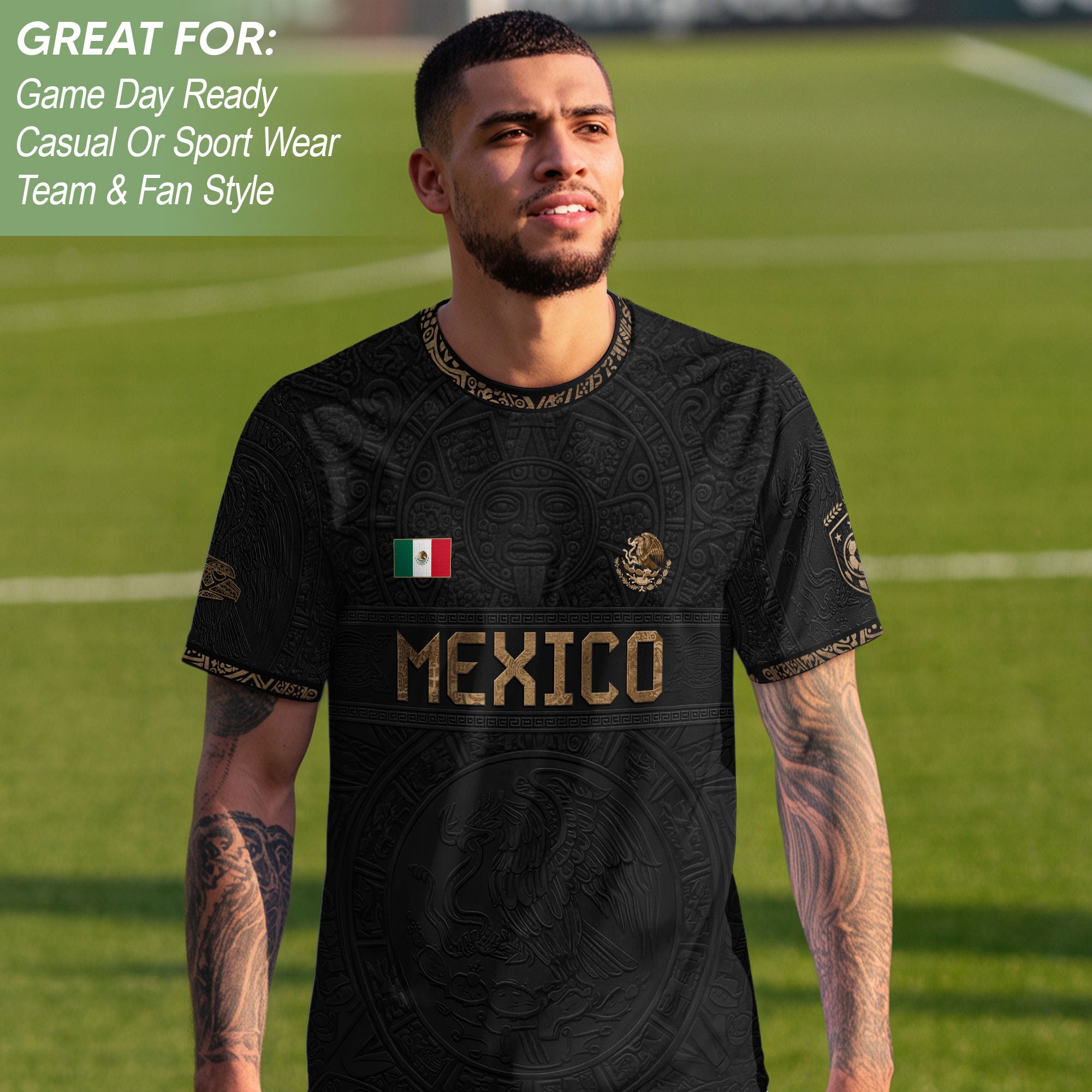 Camiseta de fútbol premium con emblema de águila azteca verde y dorado de México