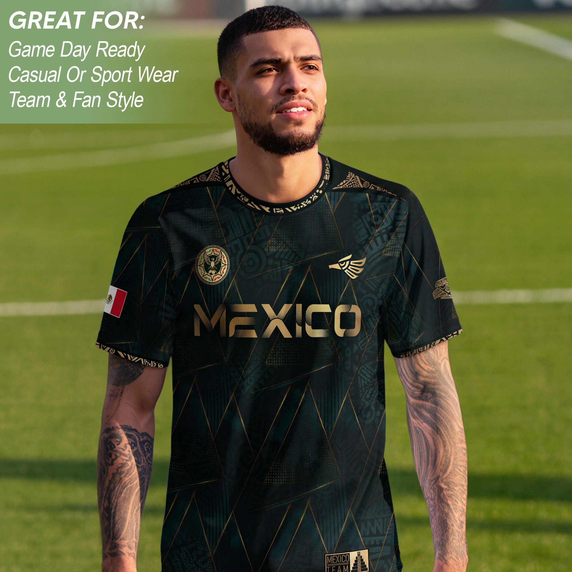 Camiseta de fútbol premium con emblema de águila azteca verde y dorado de México