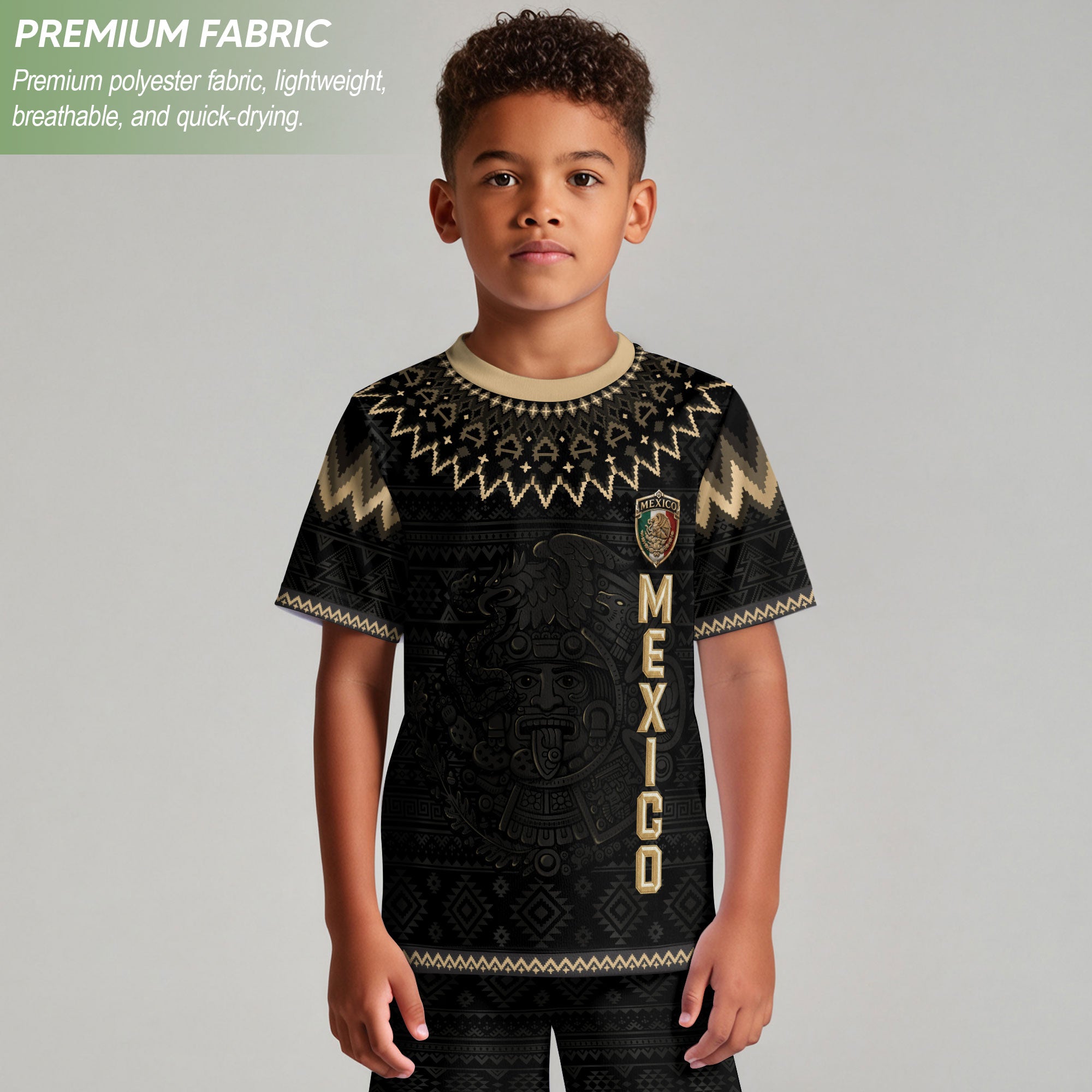 Camiseta de fútbol juvenil con estampado vertical del Águila Dorada Negra de México