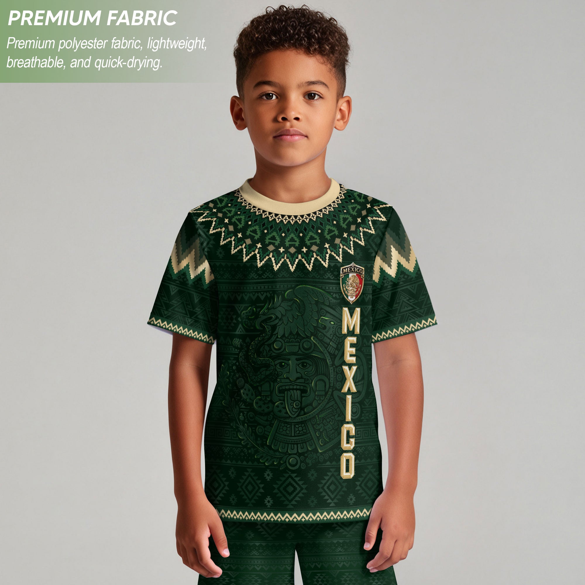 Camiseta de fútbol juvenil con estampado vertical del Águila Dorada Negra de México