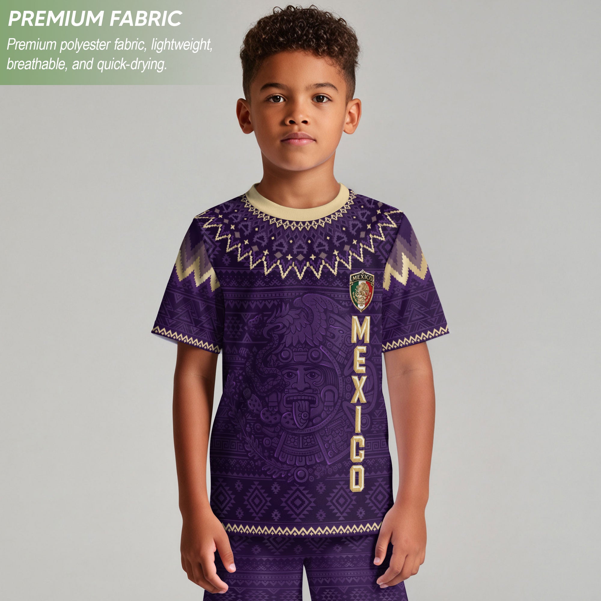 Camiseta de fútbol juvenil con estampado vertical del Águila Dorada Negra de México