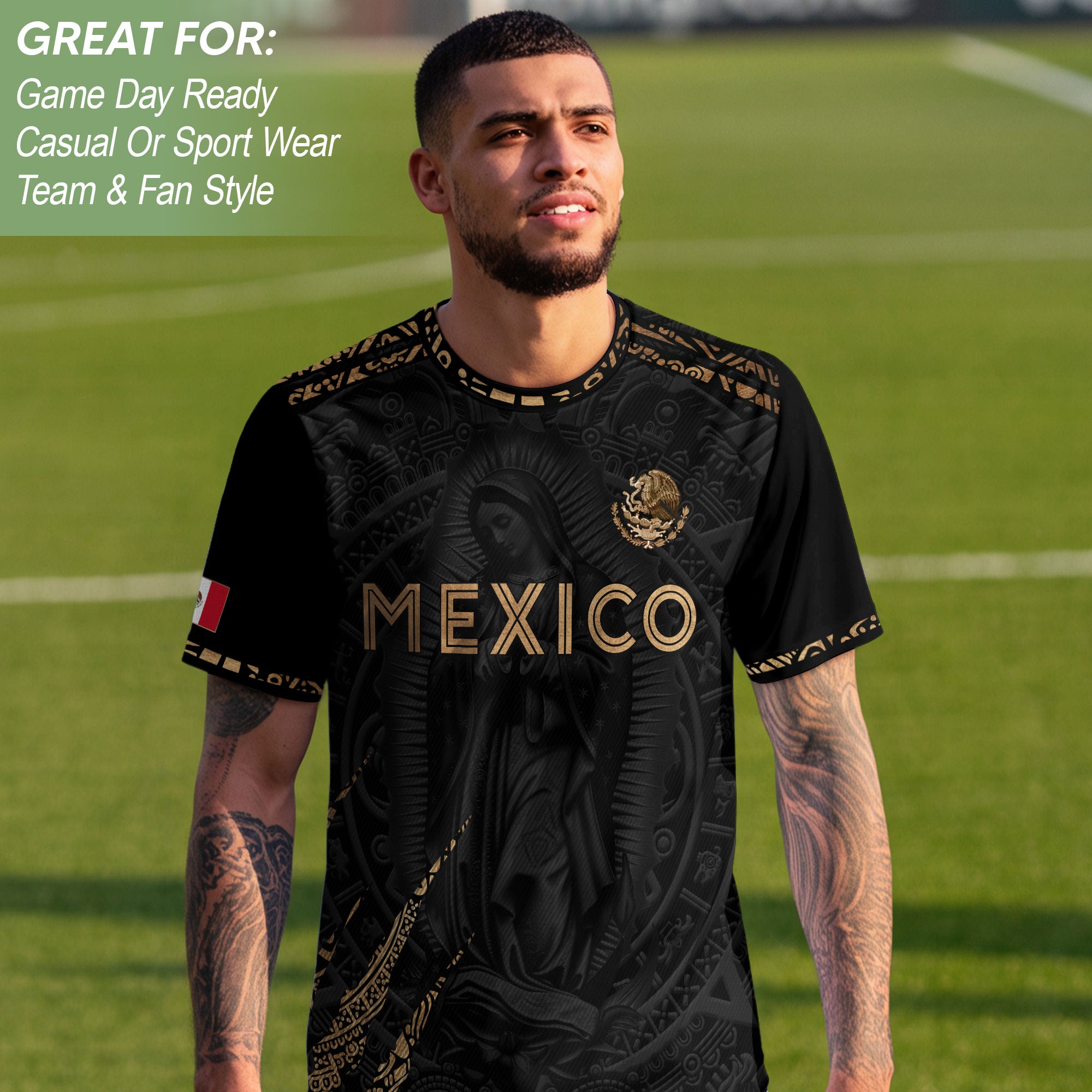 Camiseta de fútbol premium con emblema de águila azteca verde y dorado de México