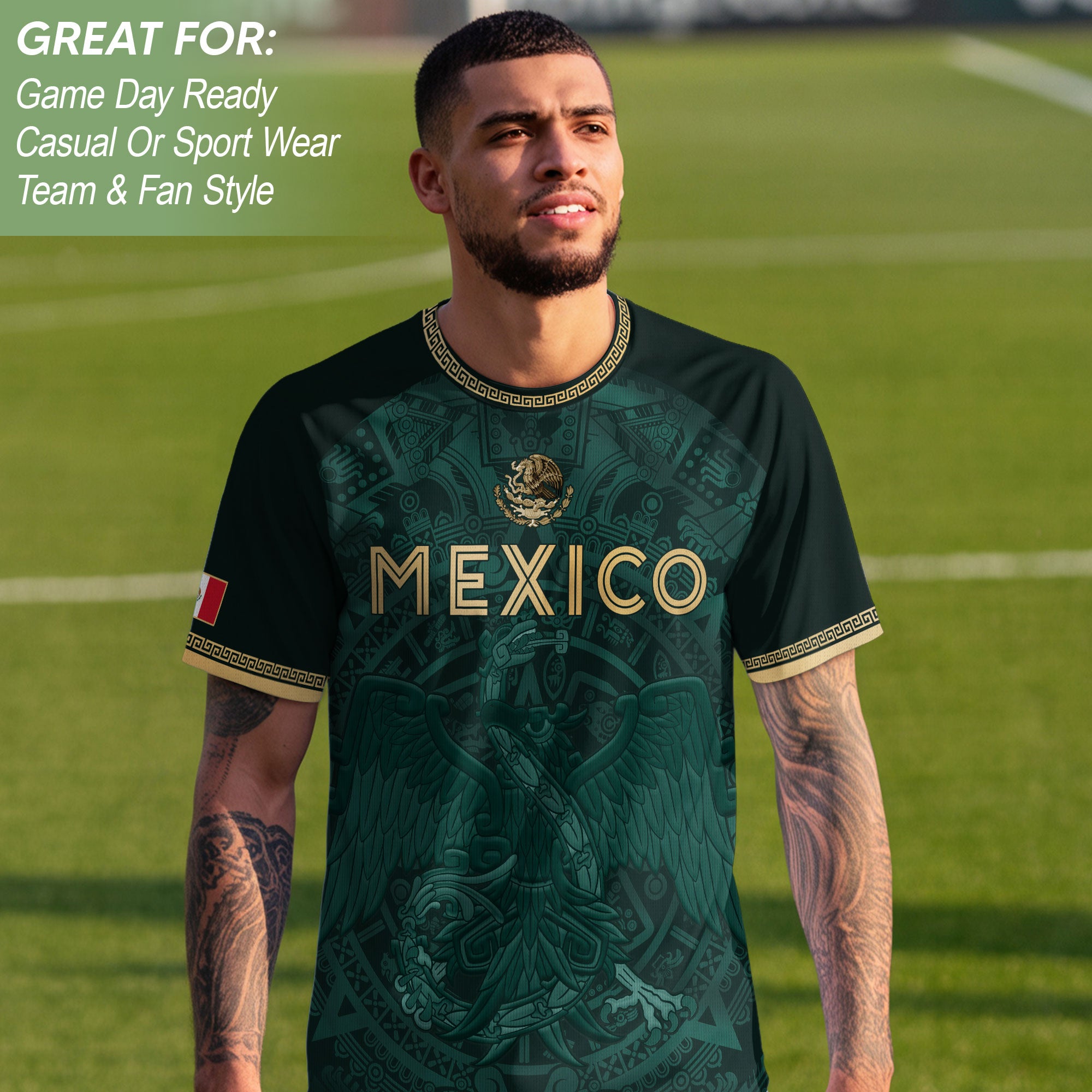 Camiseta de fútbol premium con emblema de águila azteca verde y dorado de México