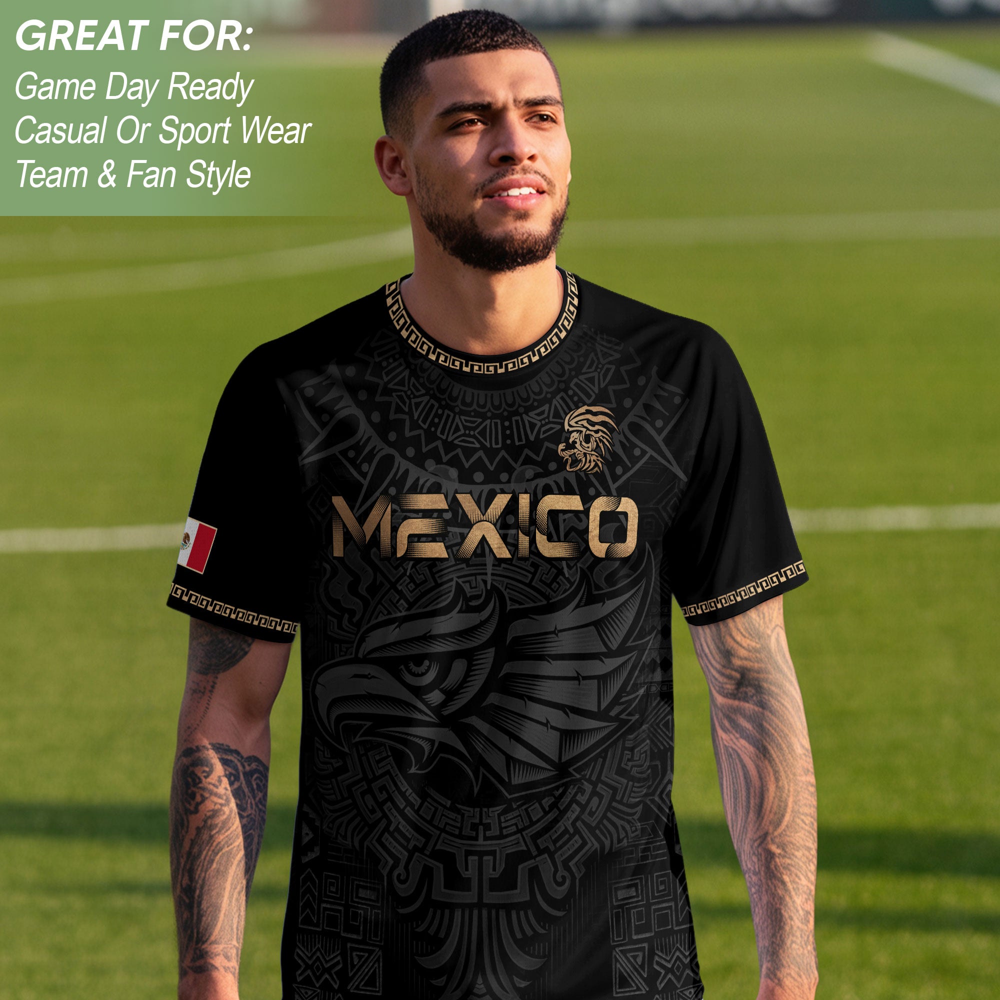 Mexico Heritage Orgullo Mexicano Black Gold Eagle Aztec Calendar Soccer Jersey
