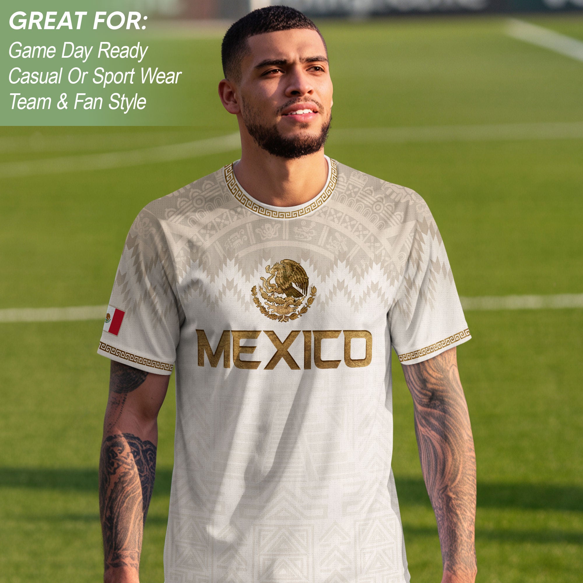 Camiseta de fútbol premium con emblema de águila azteca verde y dorado de México
