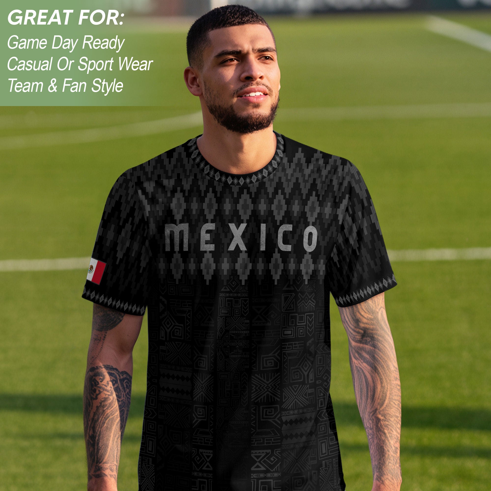 Mexico Heritage Orgullo Mexicano Black Silver Traditional Pattern Eagle Soccer Jersey