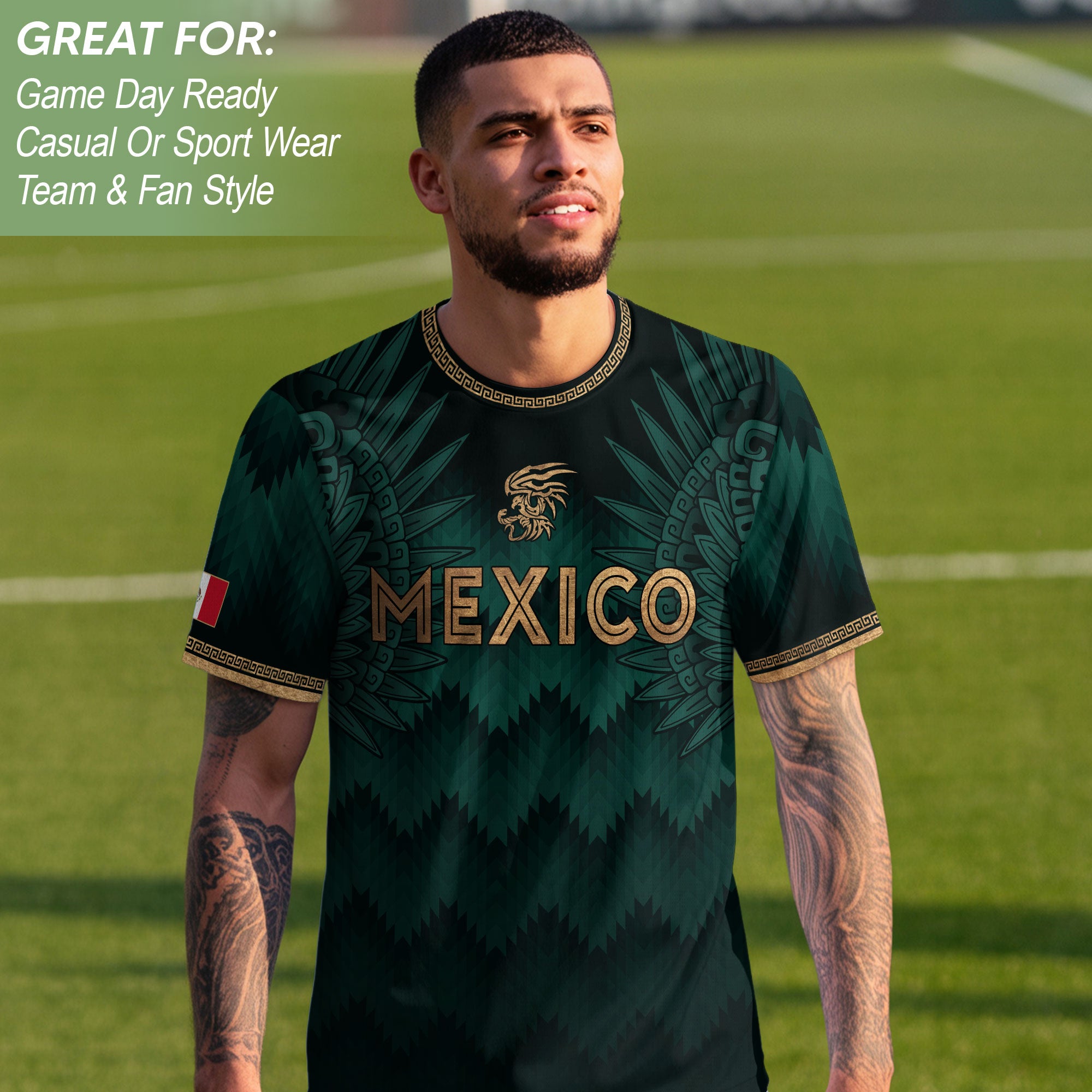 Mexico Coat of Arms Green Gold Aztec Ziczac Pattern Wing Graphic Heritage Soccer Jersey