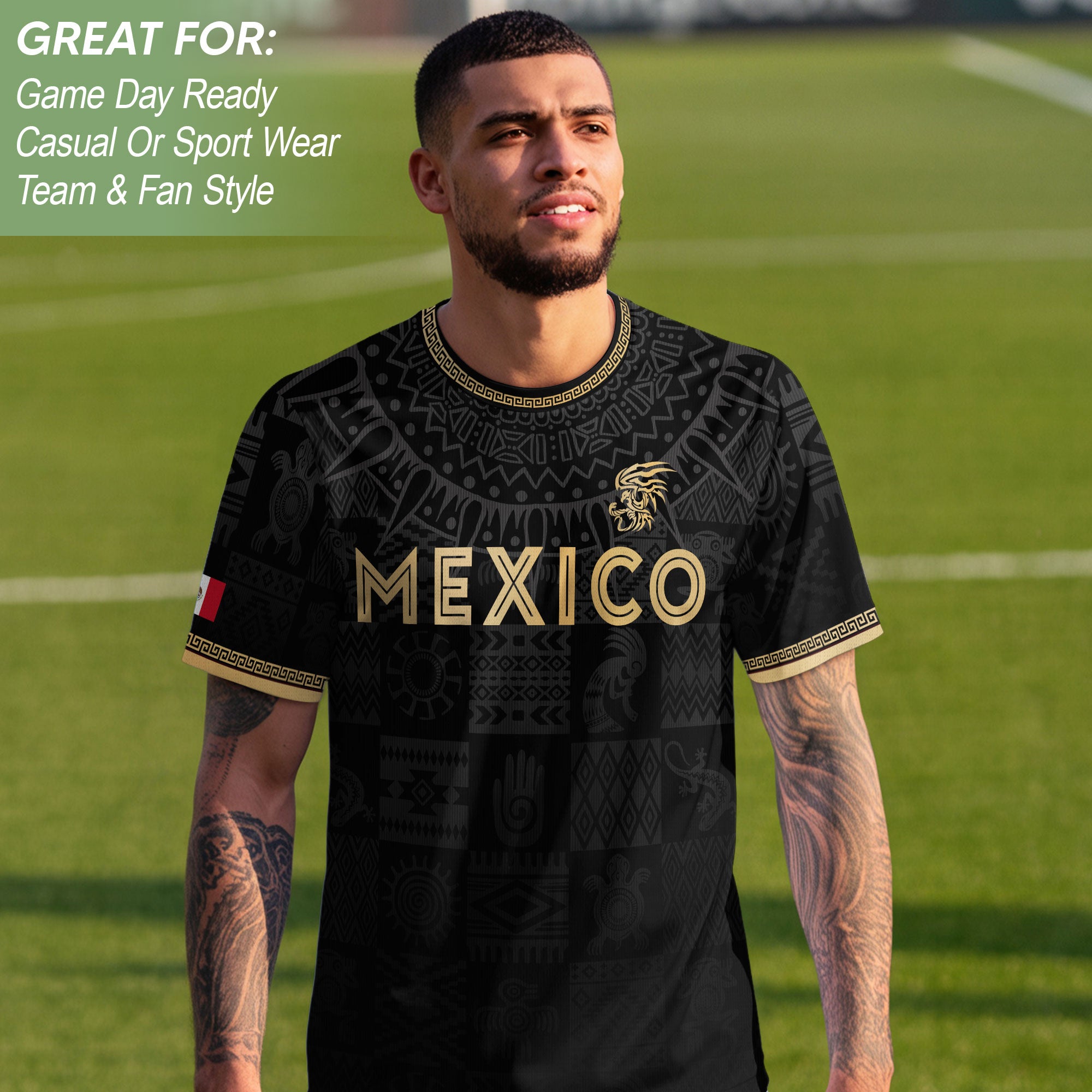Mexico Coat of Arms Black Gold Ancient Mayan Aztec Symbols Soccer Jersey