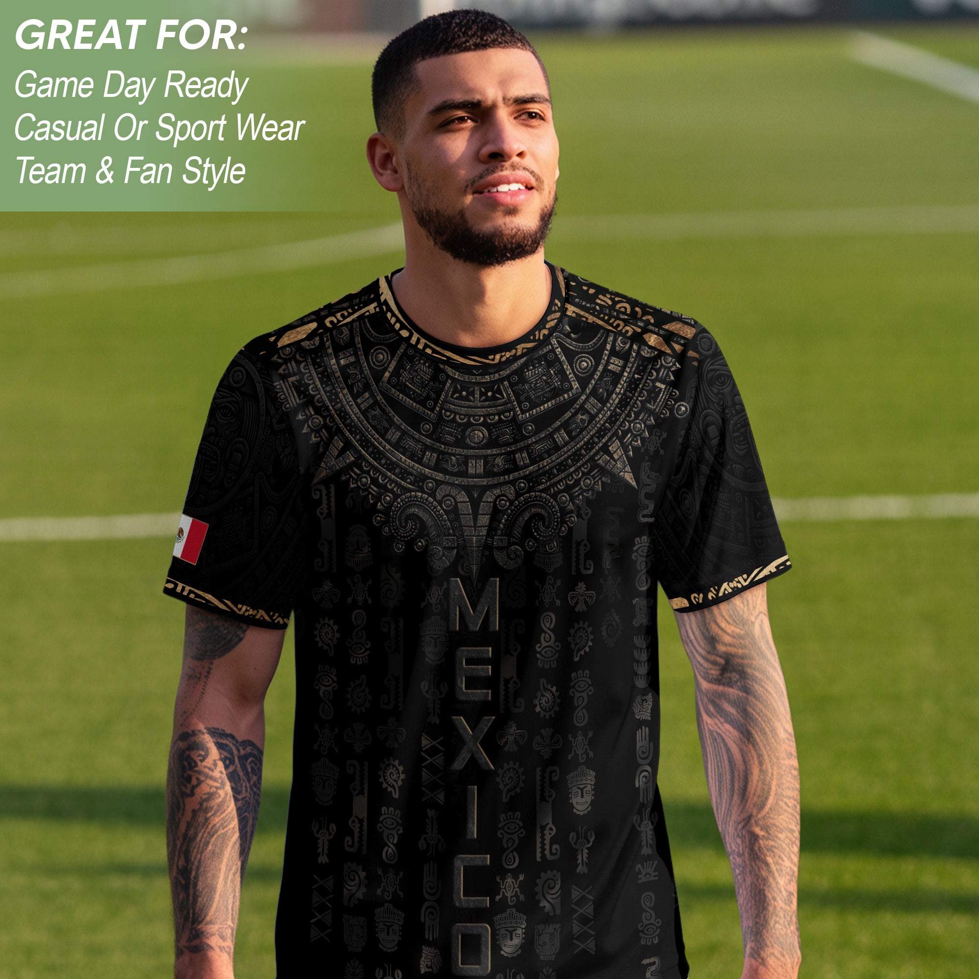 Mexico Heritage Orgullo Mexicano Black Bronze Ancient Mask Aztec Calendar Soccer Jersey