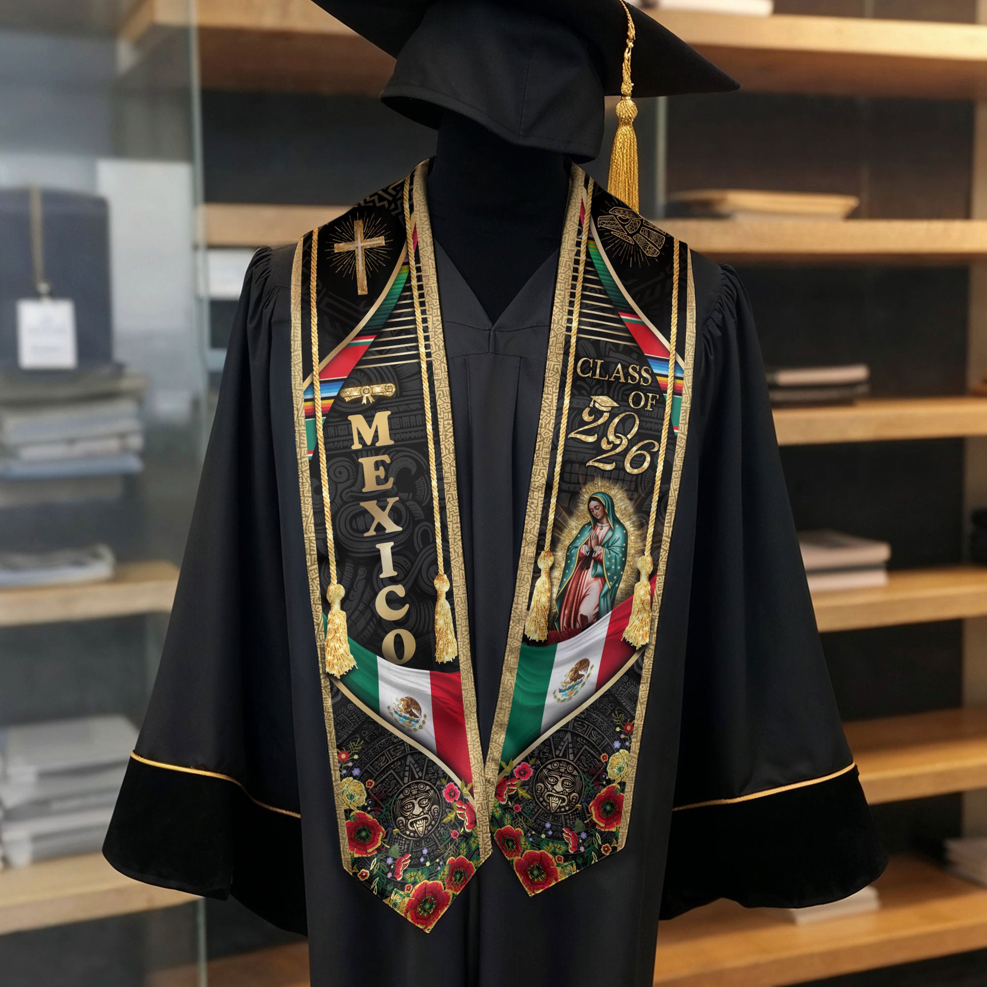 Mexican Graduation Stole Class of 2026 Aztec Calendar Cross Virgin Mary Mexico Flag Sash