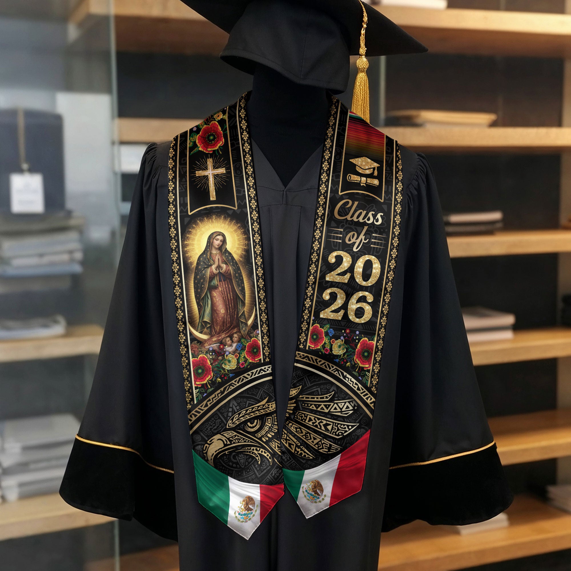 Mexican Graduation Stole Class of 2026 Aztec Eagle Cross Virgin Mary Floral Mexico Flag Sash