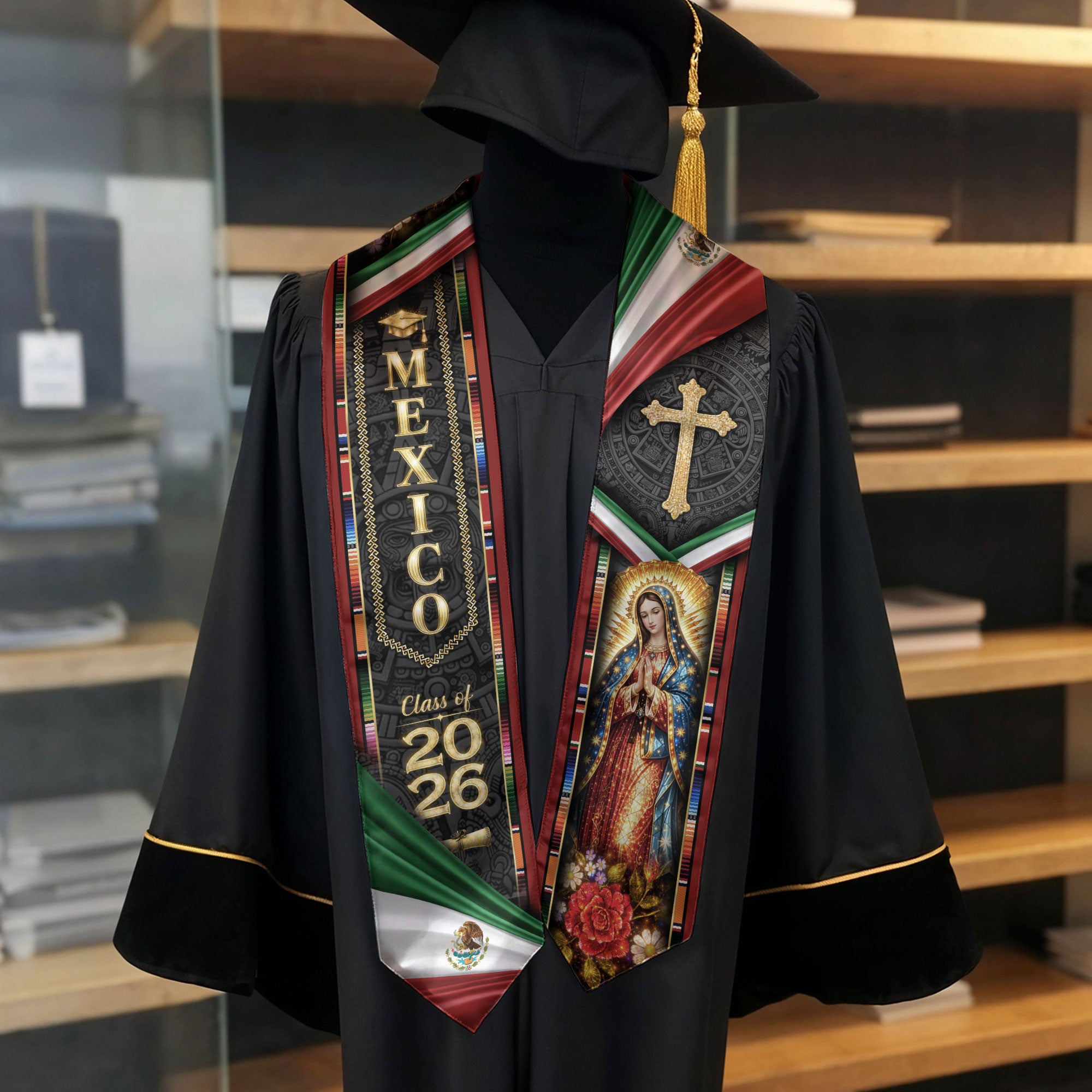 Mexican Graduation Stole Class of 2026 Aztec Virgin Mary Cross Mexico Flag Serape Sash
