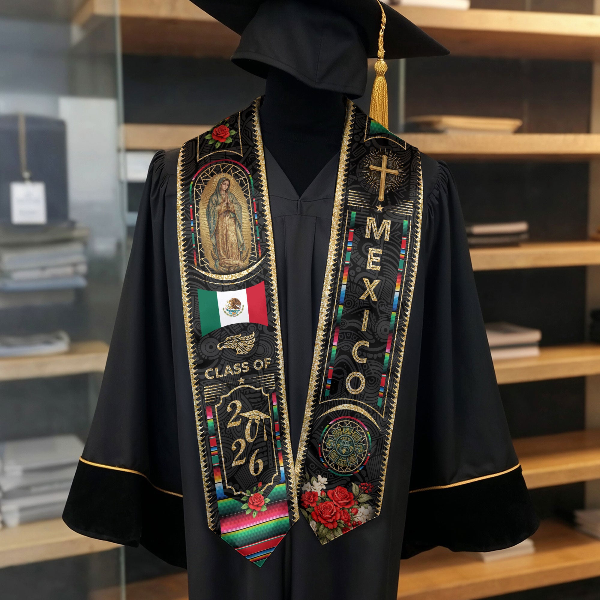 Mexico Graduation Stole Class of 2026, Virgin Mary & Aztec Calendar Heritage