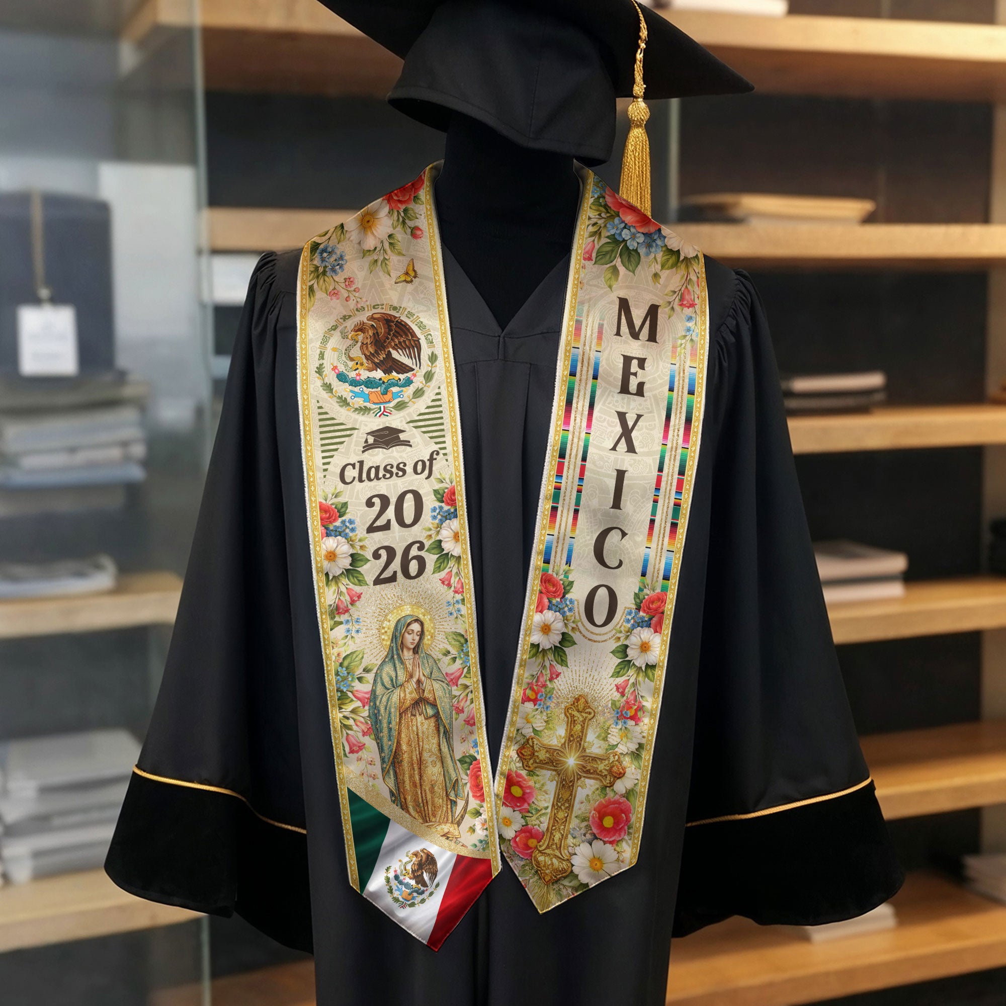 Mexican Graduation Stole 2026, Our Lady of Guadalupe & Eagle Flower Heritage