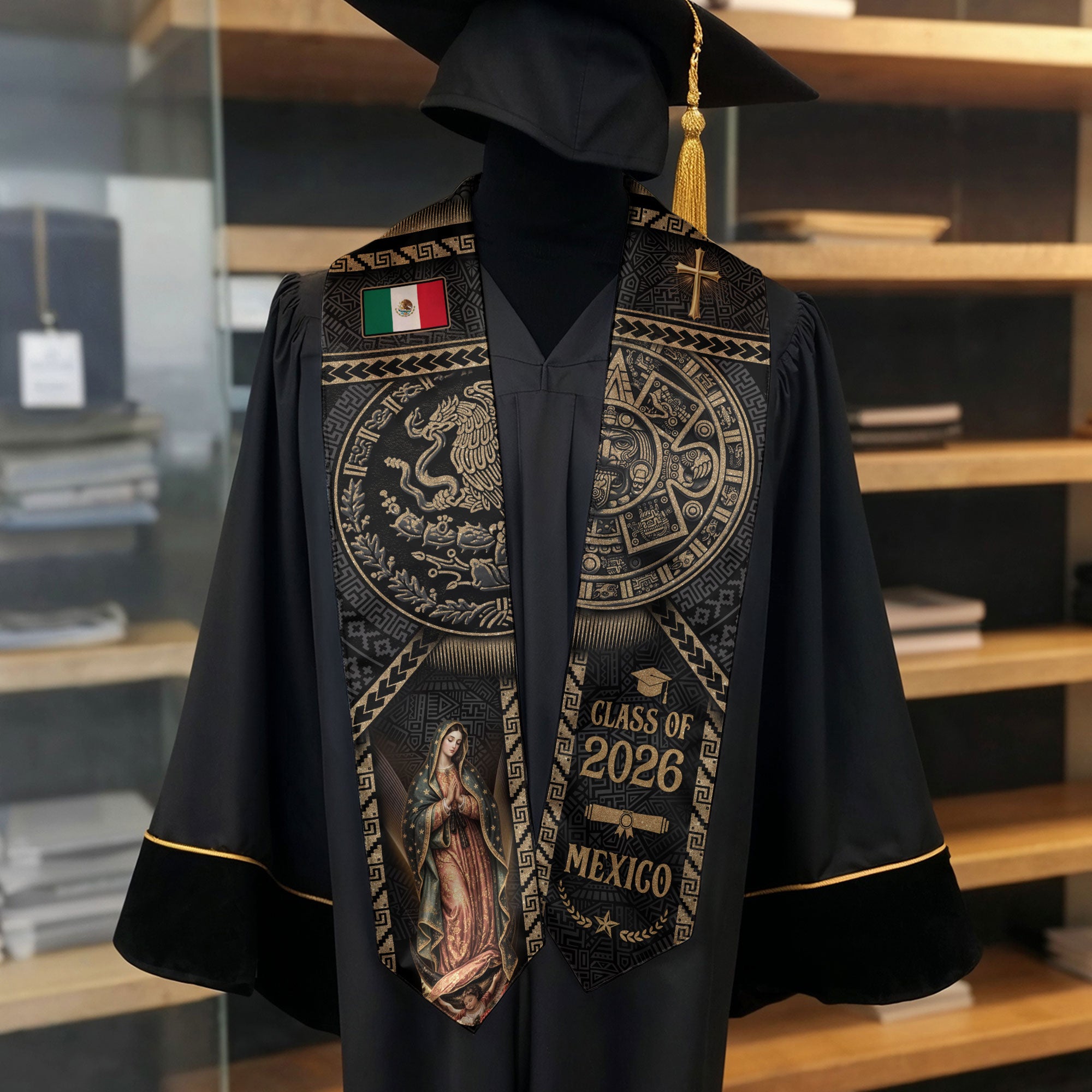 Mexican Graduation Stole 2026, Luxury Black Gold Aztec & Our Lady of Guadalupe