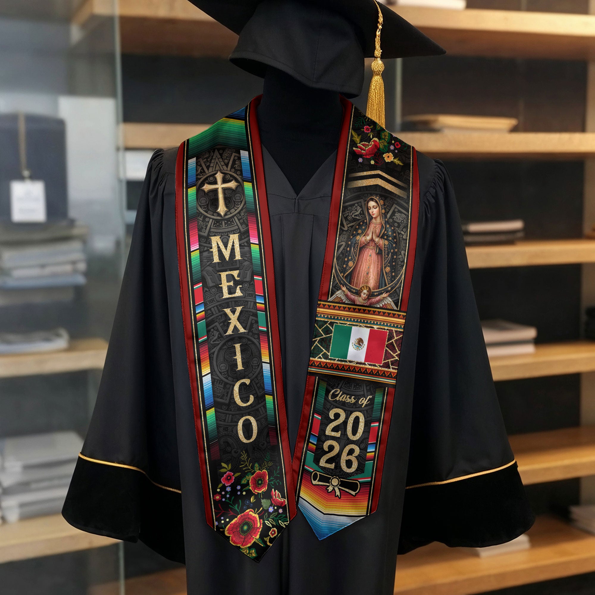 Virgin Mary Mexico Graduation Stole 2026, Golden Cross & Serape Flag Heritage