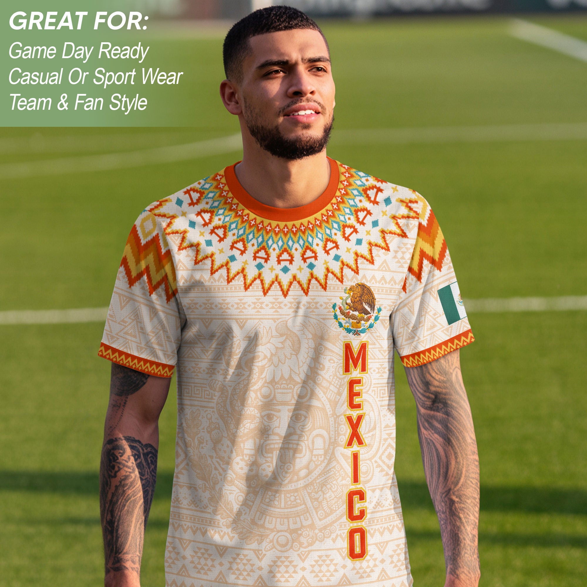Mexico Cream Orange Heritage Soccer Jersey, Aztec Pattern Mexican Roots Design Jersey For Men