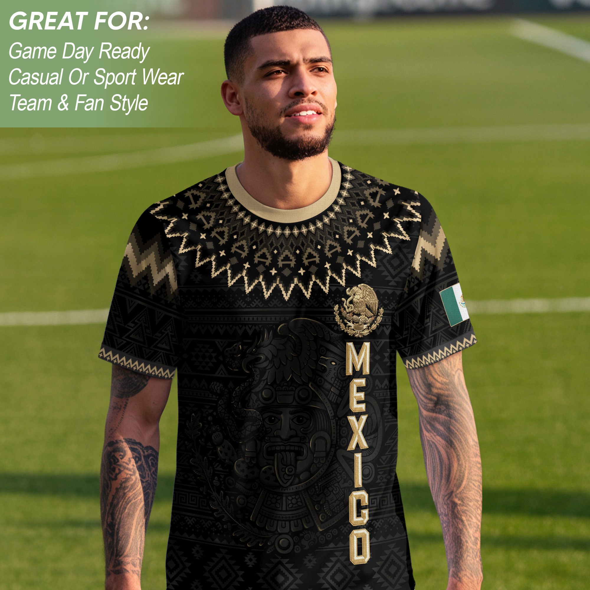 Camiseta de fútbol premium con emblema de águila azteca verde y dorado de México