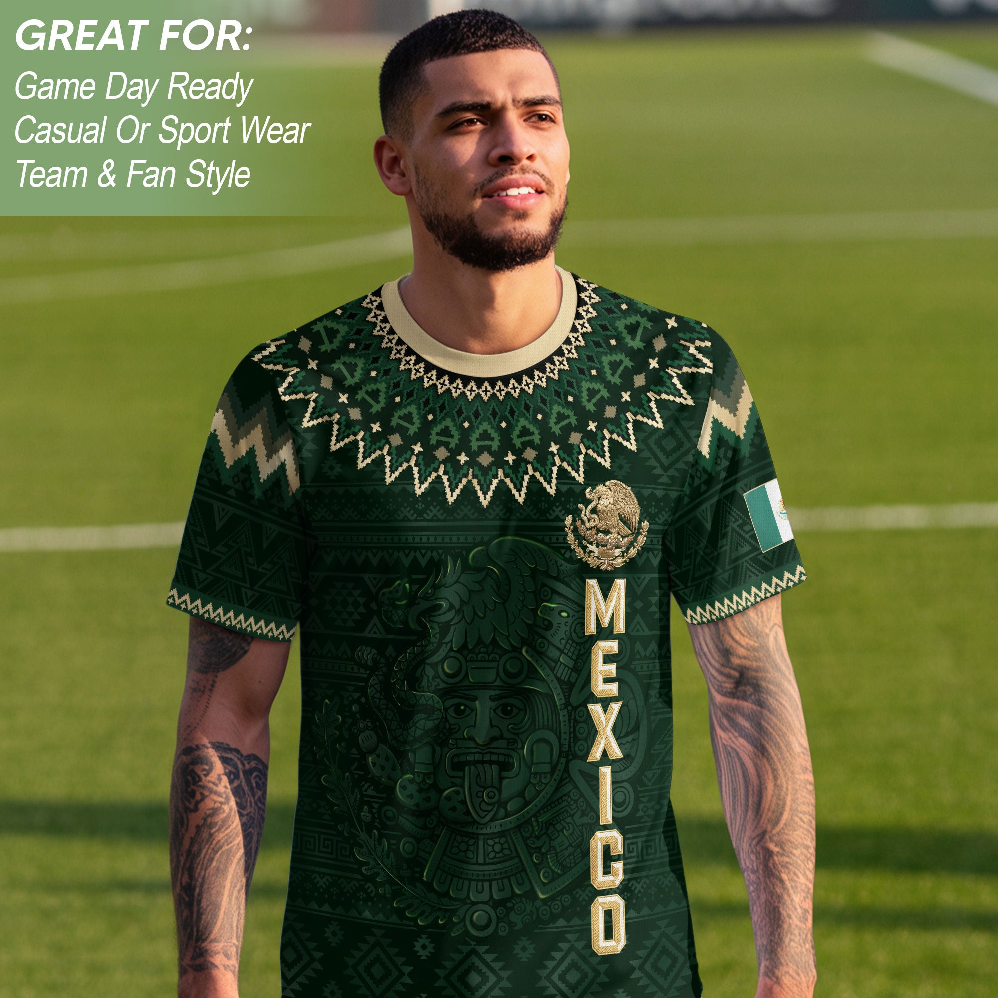 Mexico Heritage Soccer Jersey, Green Gold Aztec Calendar Design Sports Jersey for Men
