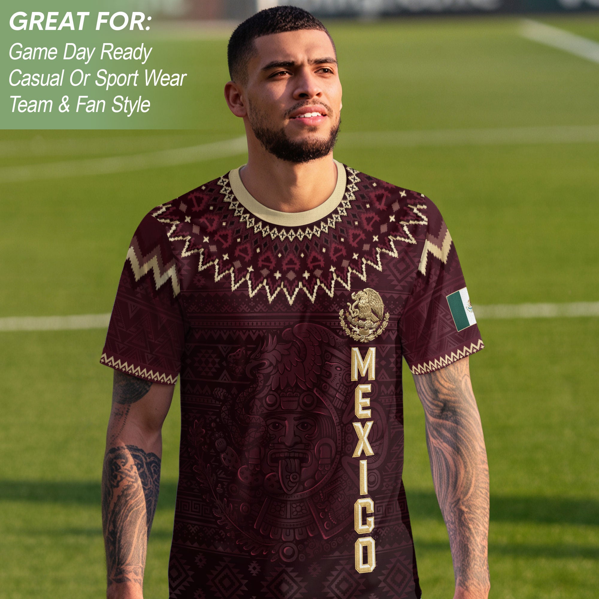 Mexico Heritage Soccer Jersey, Maroon Burgundy Gold Aztec Eagle Design Sports Jersey for Men