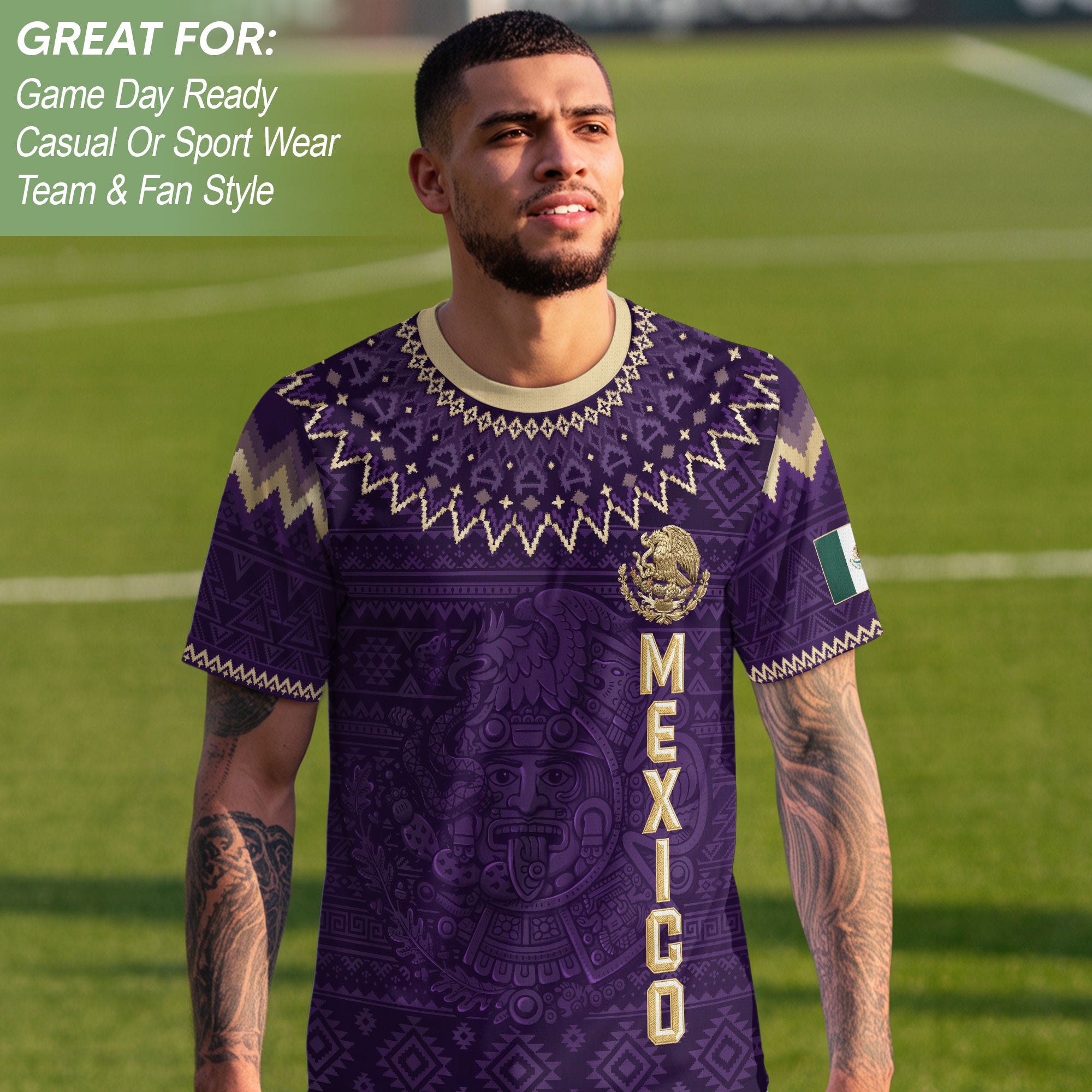 Mexico Heritage Soccer Jersey, Purple Gold Aztec Calendar Design Sports Jersey for Men