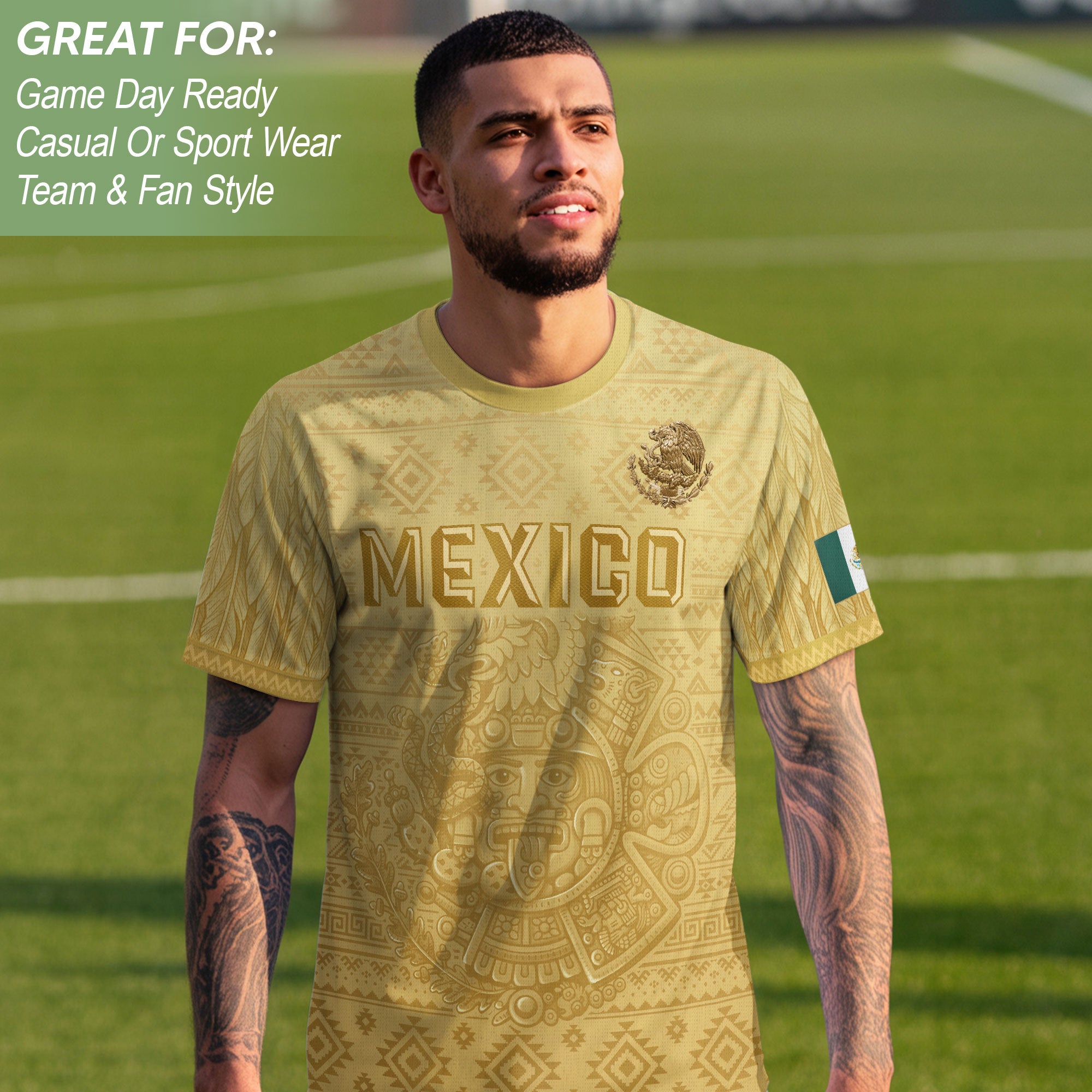 Mexico Heritage Soccer Jersey, Yellow Gold Aztec Calendar Design Sports Jersey for Men