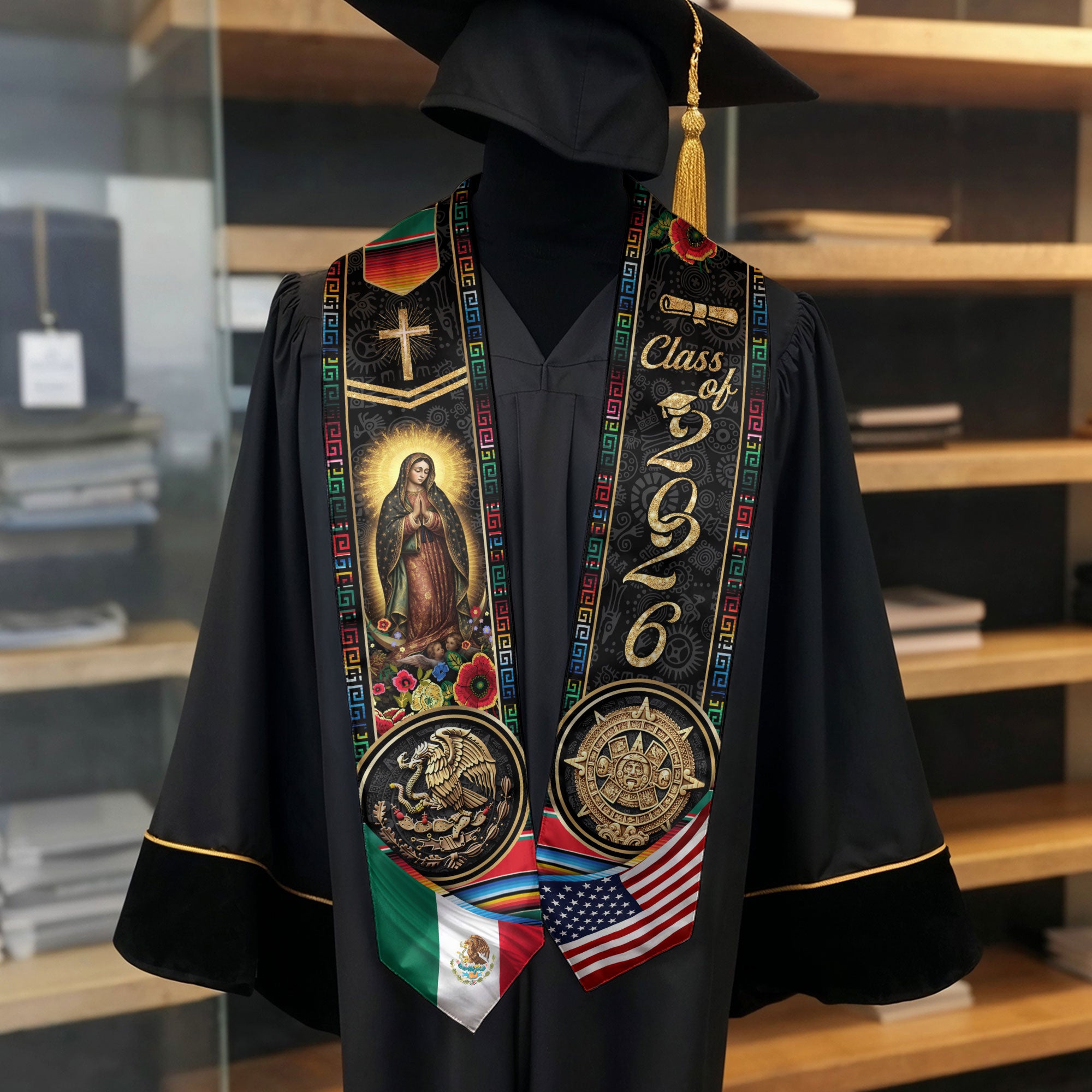 Class of 2026 Mexico Graduation Stole, Eagle & Aztec Sun Stone Heritage Serape