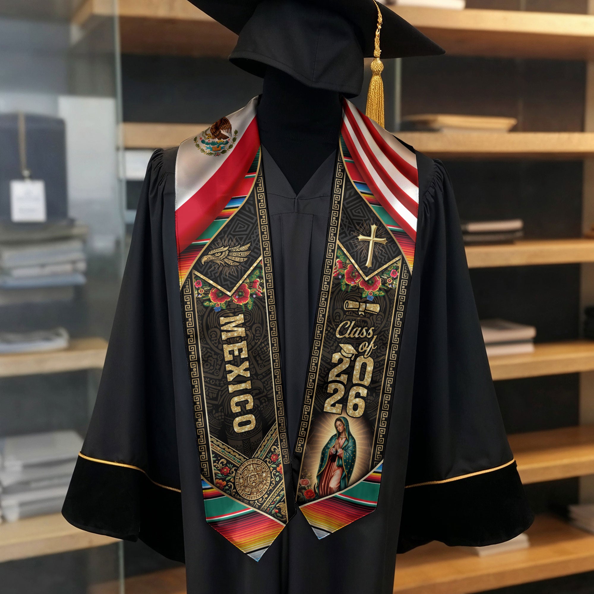 Mexico USA Graduation Stole Class of 2026, Virgin Mary & Eagle Heritage