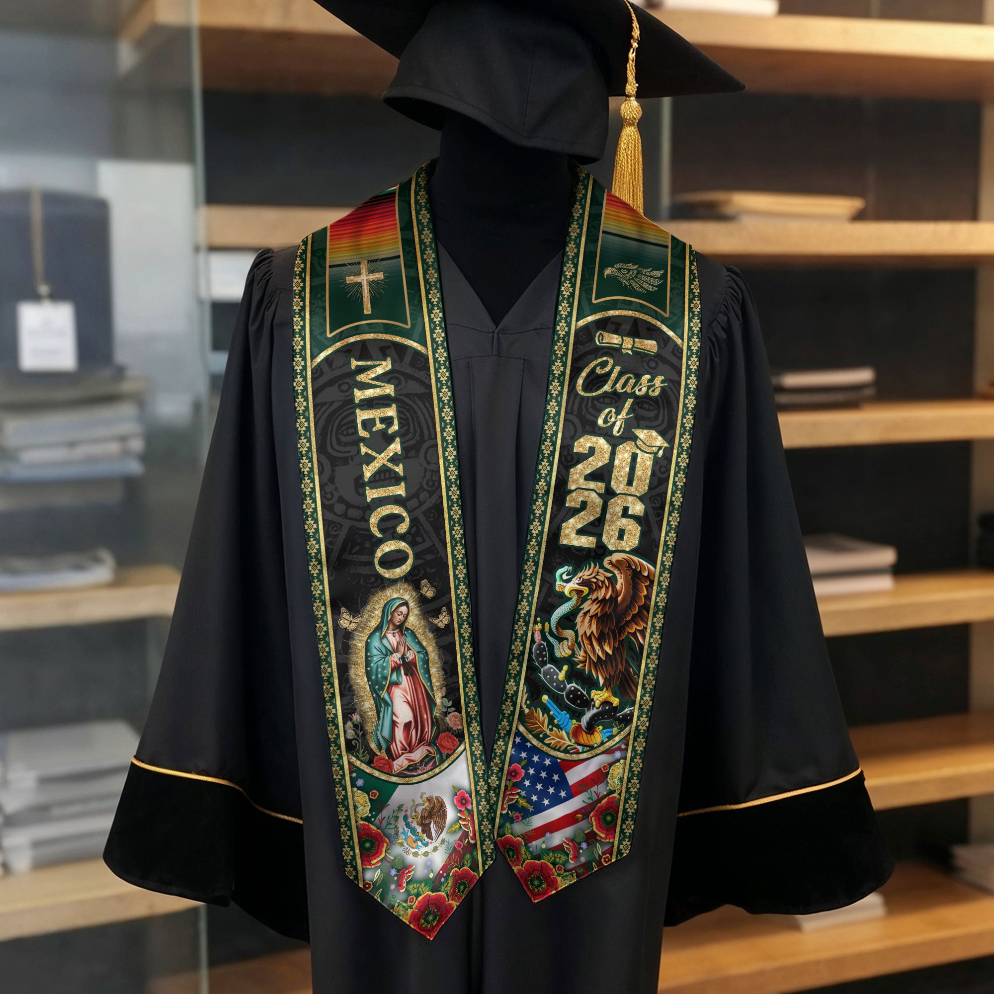 Virgin Mary Mexico Graduation Stole 2026, Golden Cross & US Mexico Flag