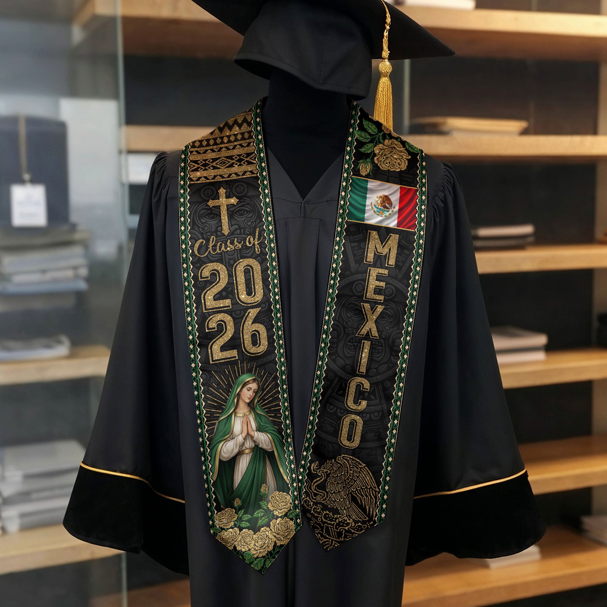 Graduation Stole Mexican Class of 2026 Mexican American Flag Sash for 2026 Graduation