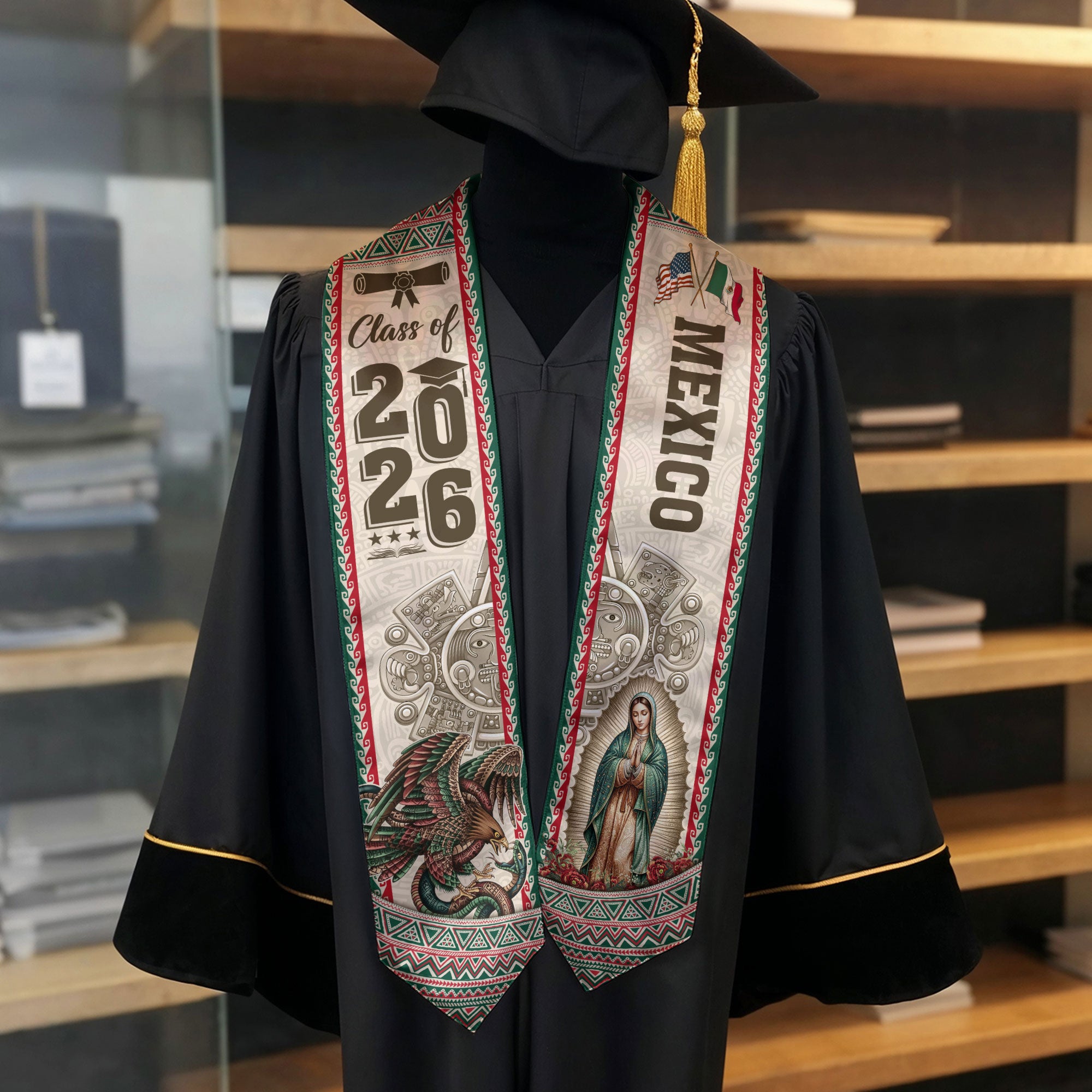 Graduation Stole Class of 2026 Mexico Aztec Guadalupe Hispanic Cultural Sash Gift