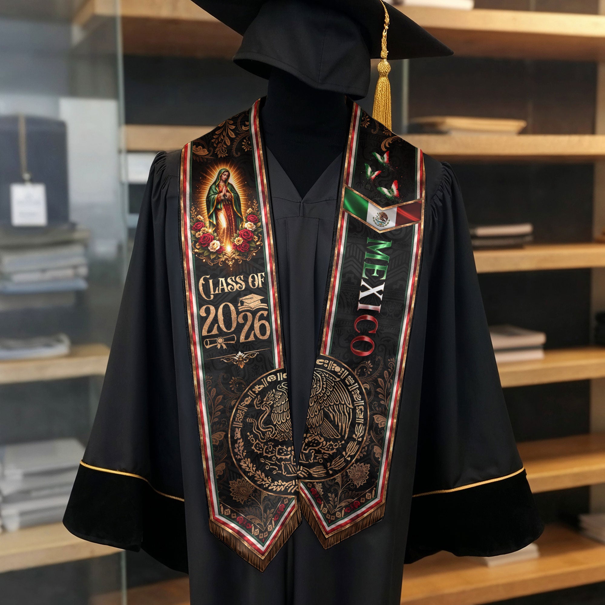 Class of 2026 Graduation Stole Mexico Guadalupe Premium Elegant Hispanic Sash Gift