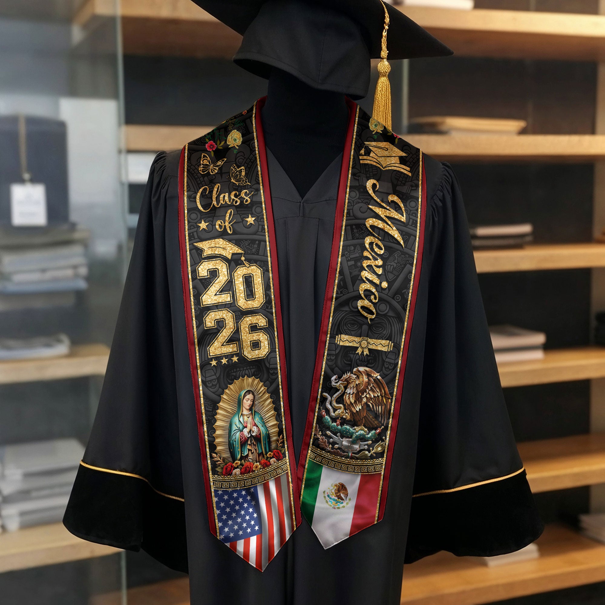 Graduation Stole Class of 2026 Mexico USA Guadalupe Dual Heritage Hispanic Sash